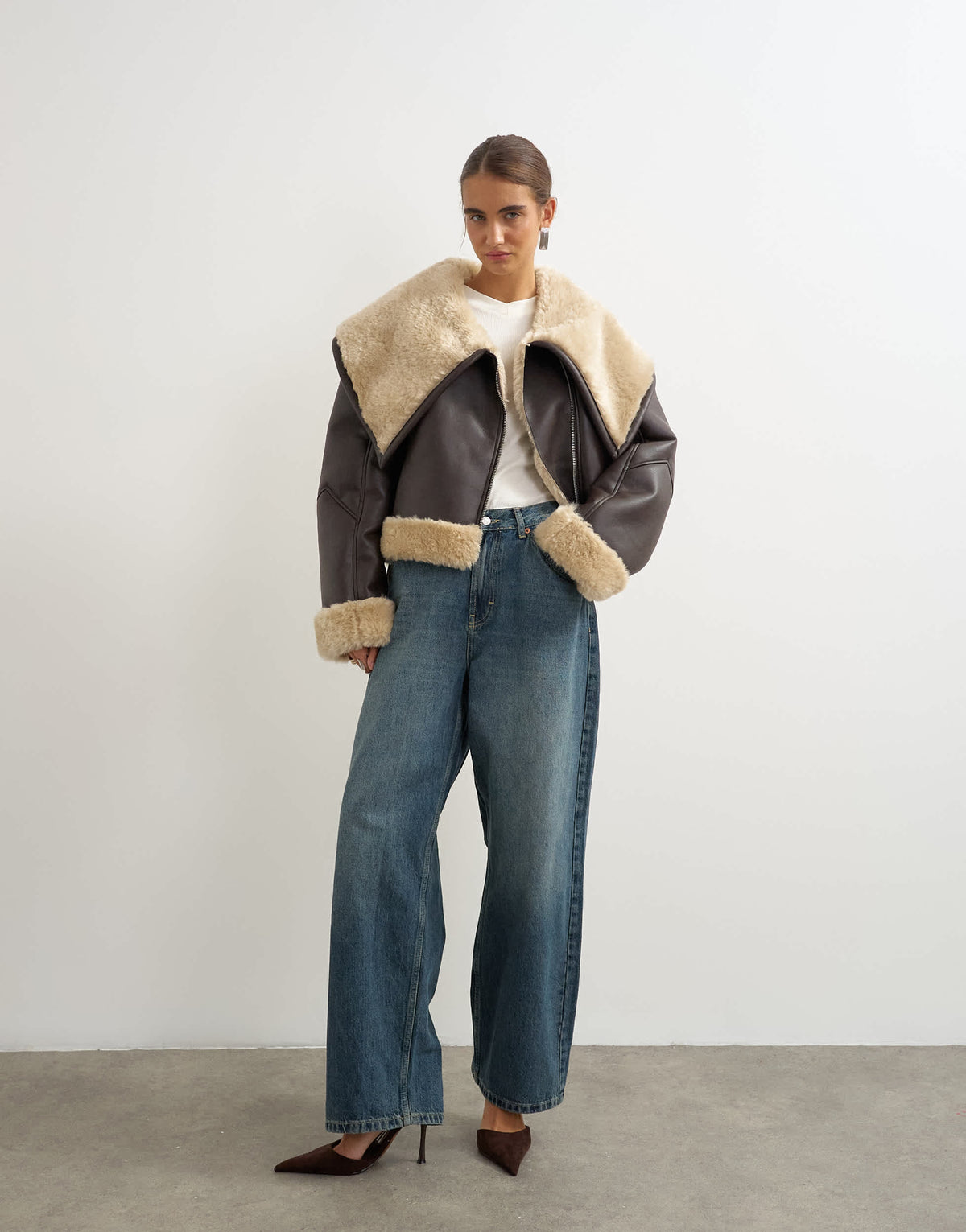 Topshop shearling oversized collar in brown
