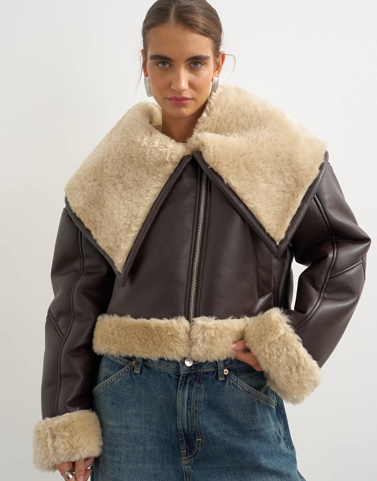 Topshop shearling oversized collar in brown