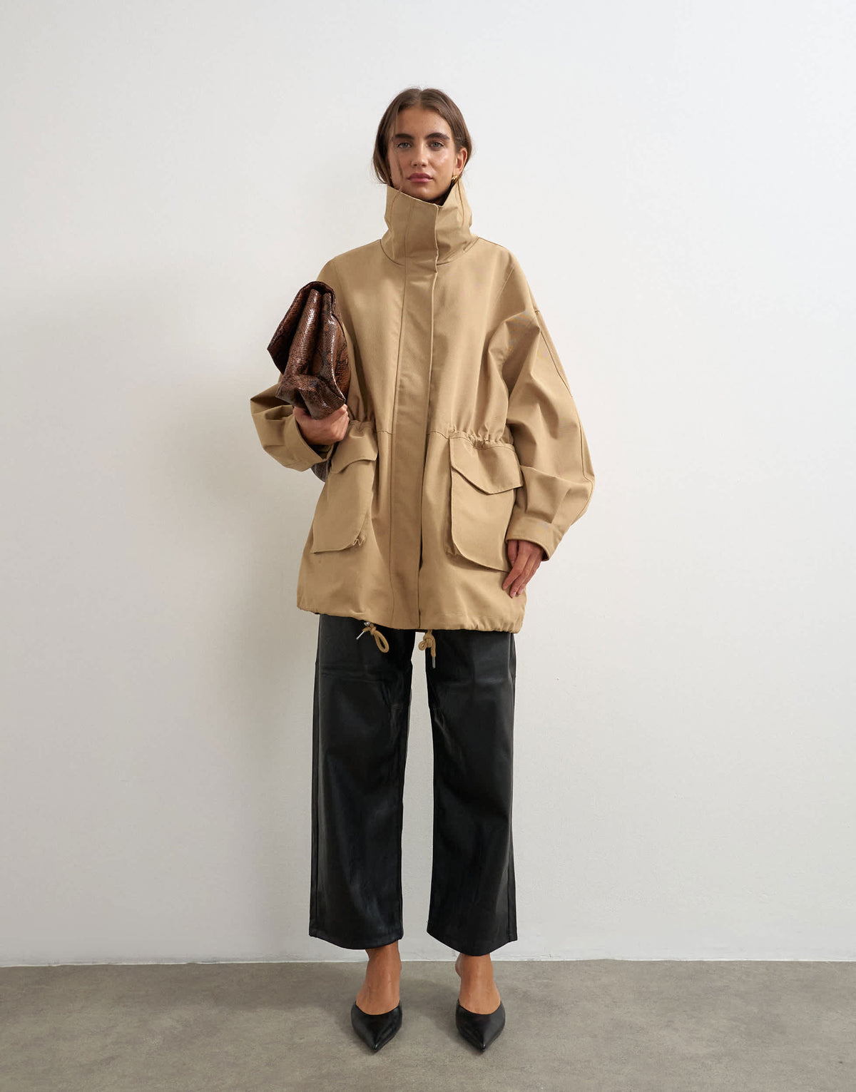 Topshop twill cinch waist funnel neck jacket in tan
