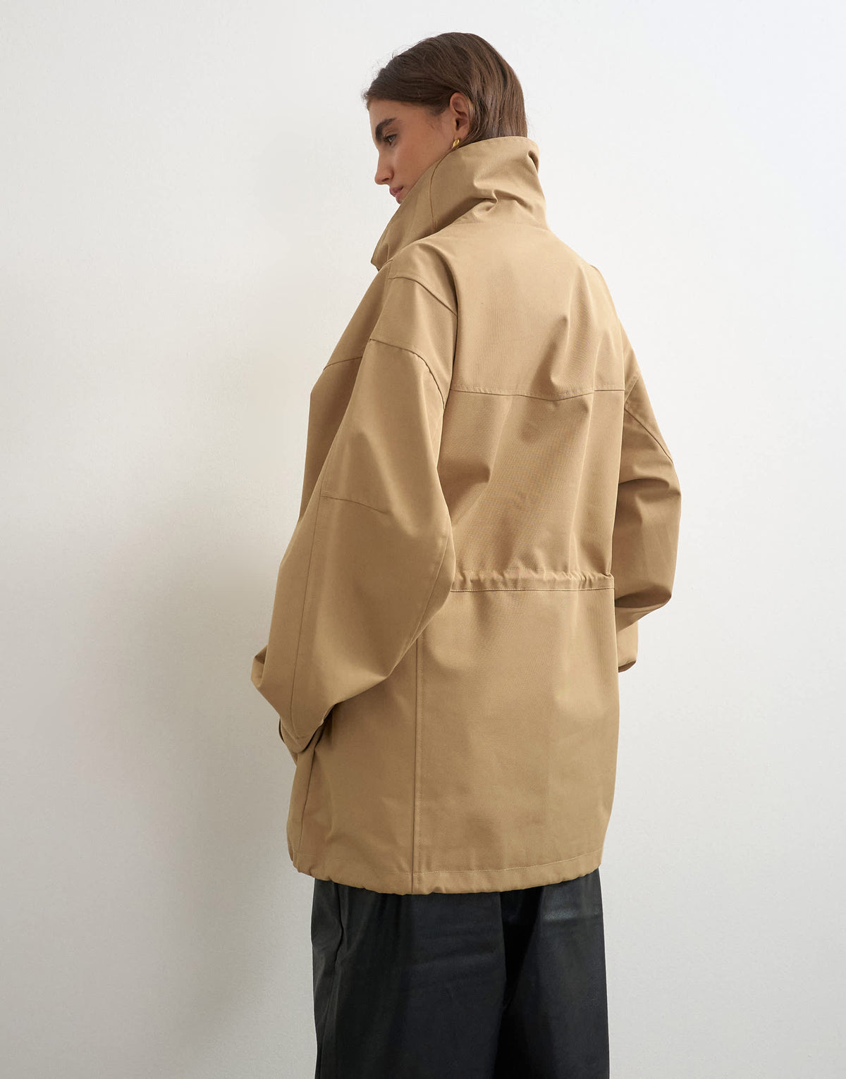 Topshop twill cinch waist funnel neck jacket in tan