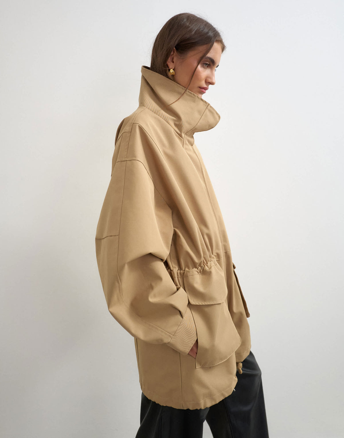 Topshop twill cinch waist funnel neck jacket in tan