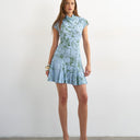 Topshop viscose grown on sleeve mini tea dress in blue and green sketchy floral
