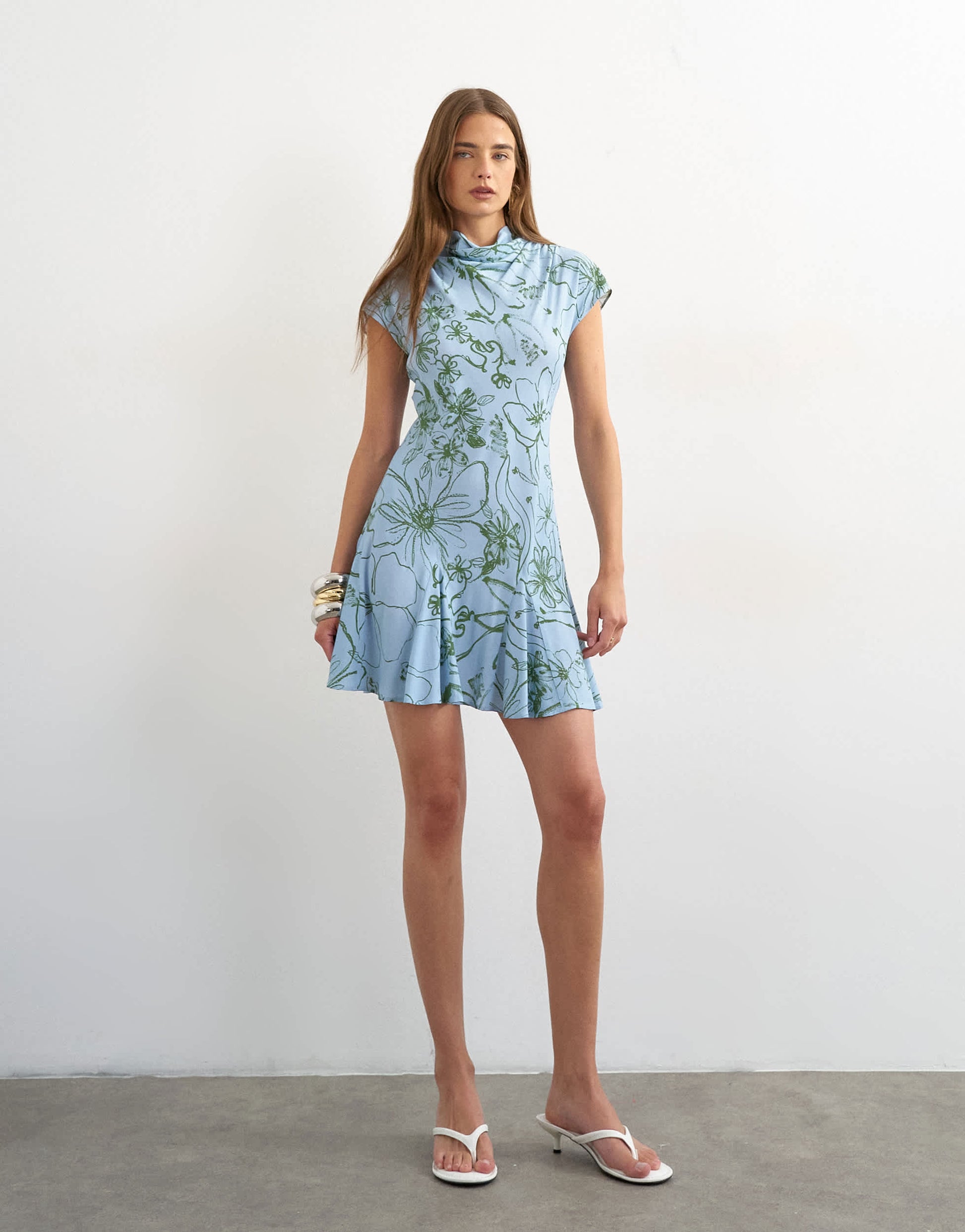 Topshop viscose grown on sleeve mini tea dress in blue and green sketchy floral