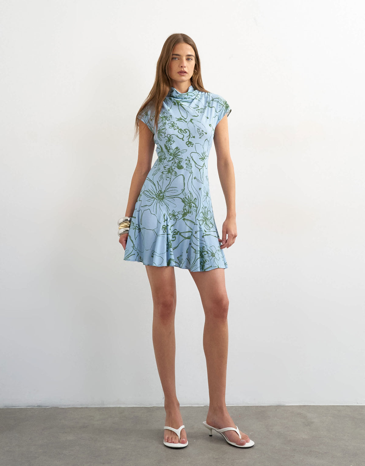 Topshop viscose grown on sleeve mini tea dress in blue and green sketchy floral
