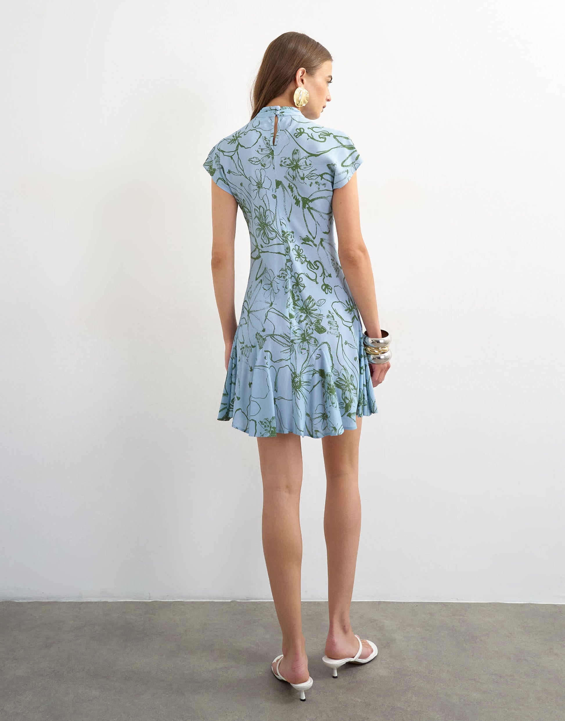 Topshop viscose grown on sleeve mini tea dress in blue and green sketchy floral