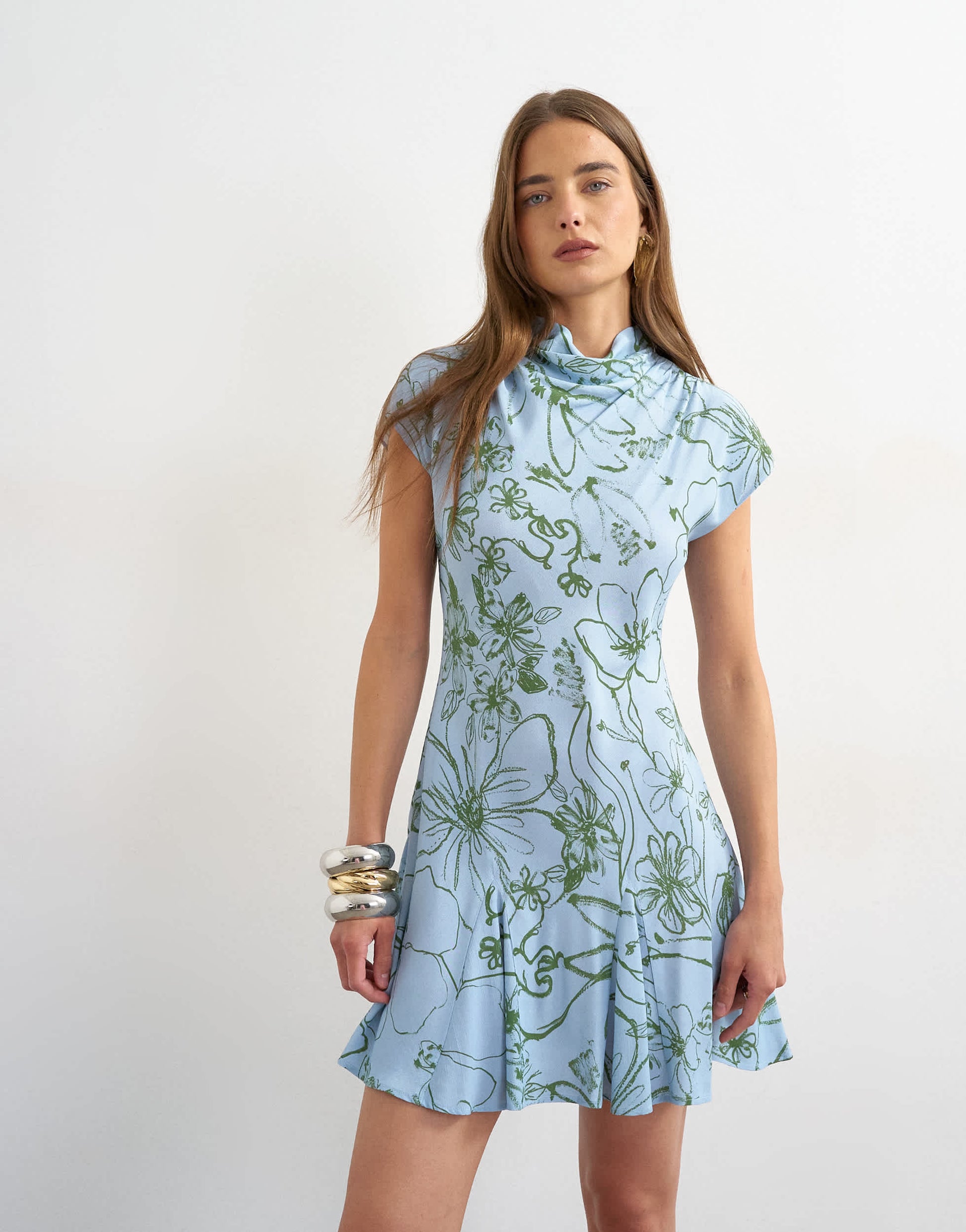 Topshop viscose grown on sleeve mini tea dress in blue and green sketchy floral
