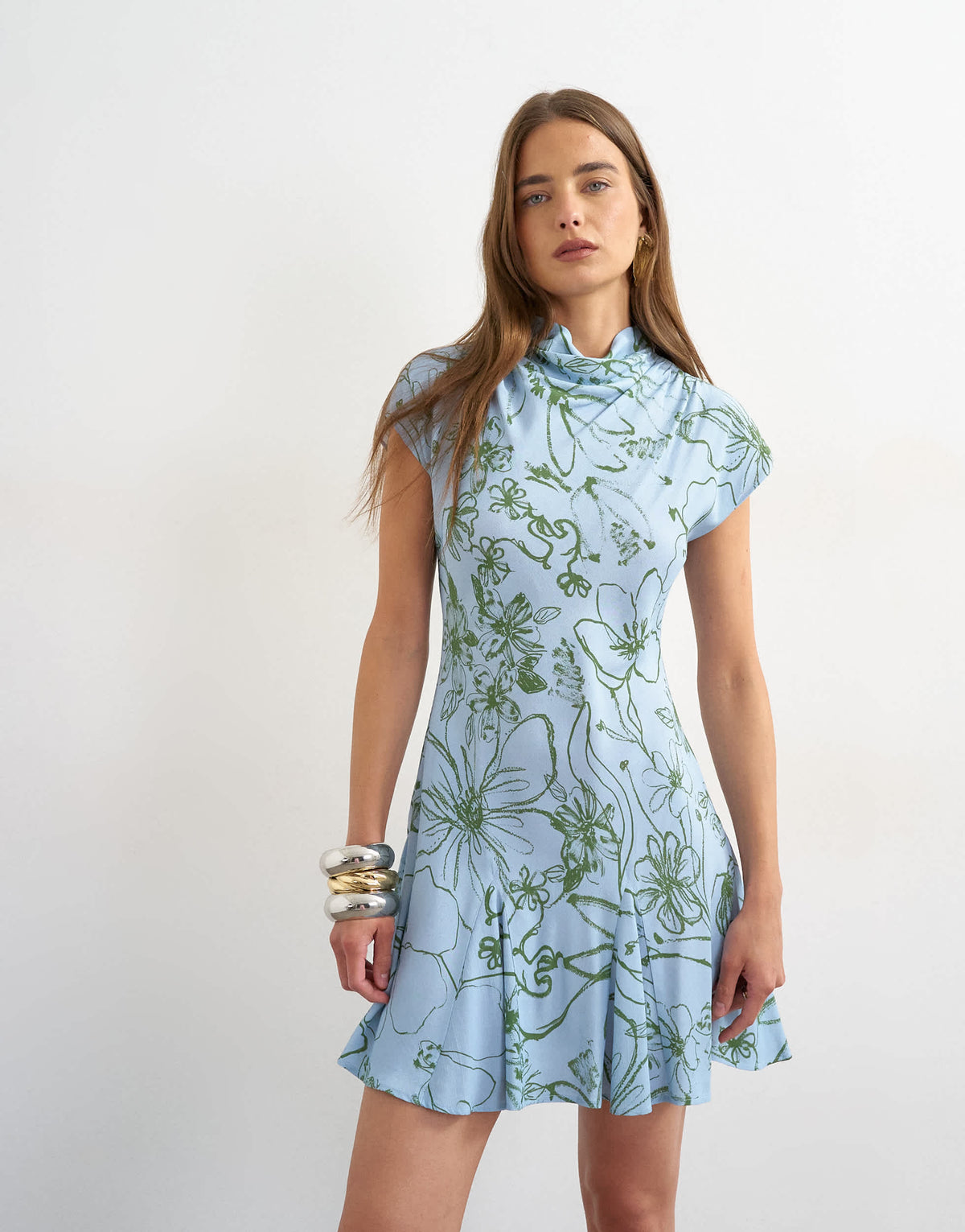 Topshop viscose grown on sleeve mini tea dress in blue and green sketchy floral
