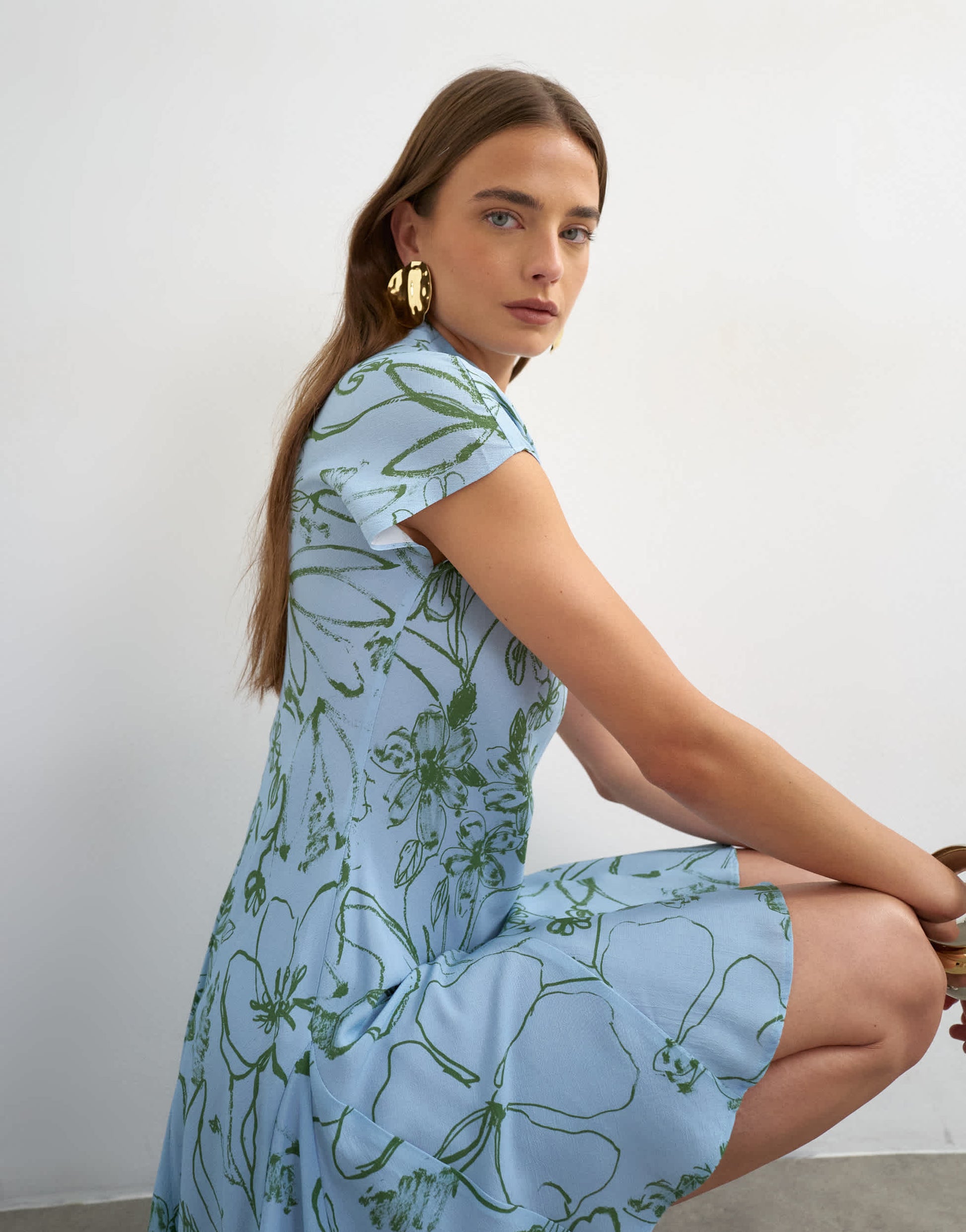 Topshop viscose grown on sleeve mini tea dress in blue and green sketchy floral