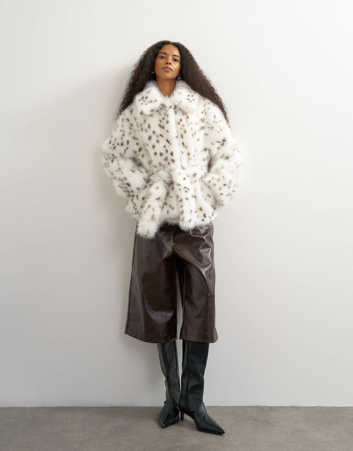 Topshop faux fur short belted coat in spot