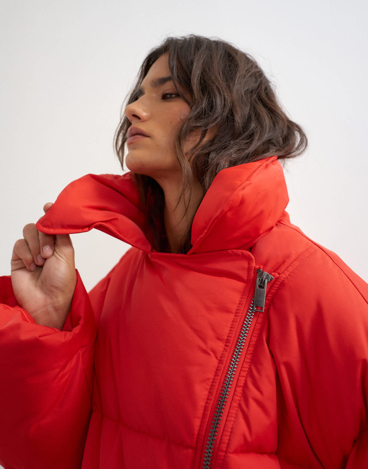 Topshop biker puffer with detachable borg collar in red