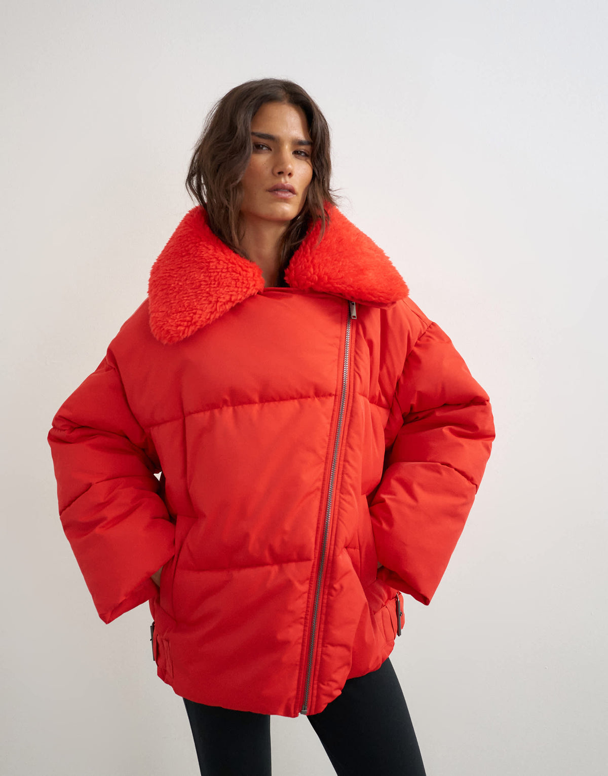 Topshop biker puffer with detachable borg collar in red
