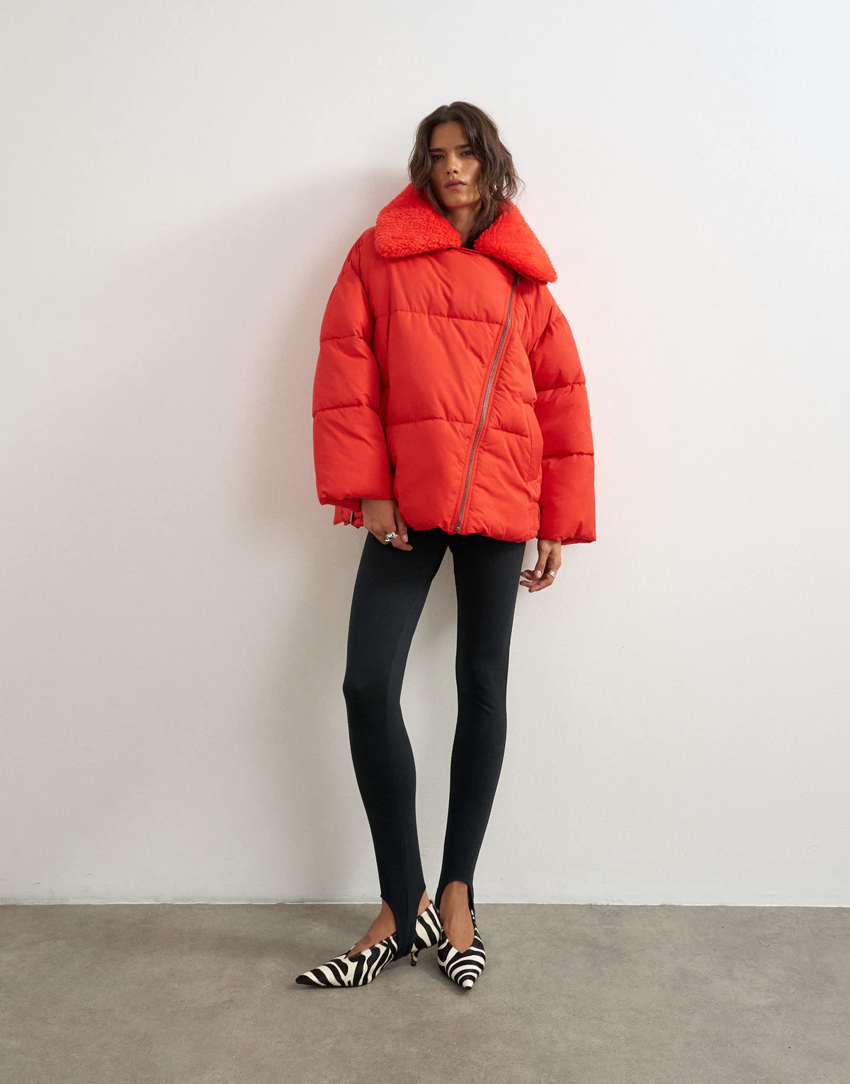 Topshop biker puffer with detachable borg collar in red