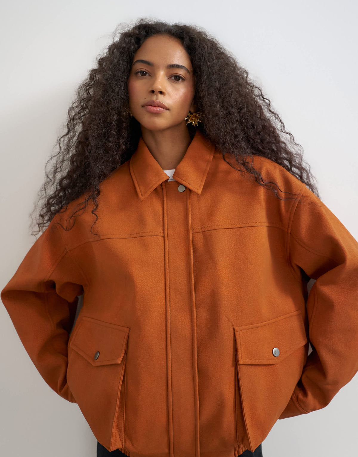 Topshop faux leather oversized bomber jacket in burnt umber