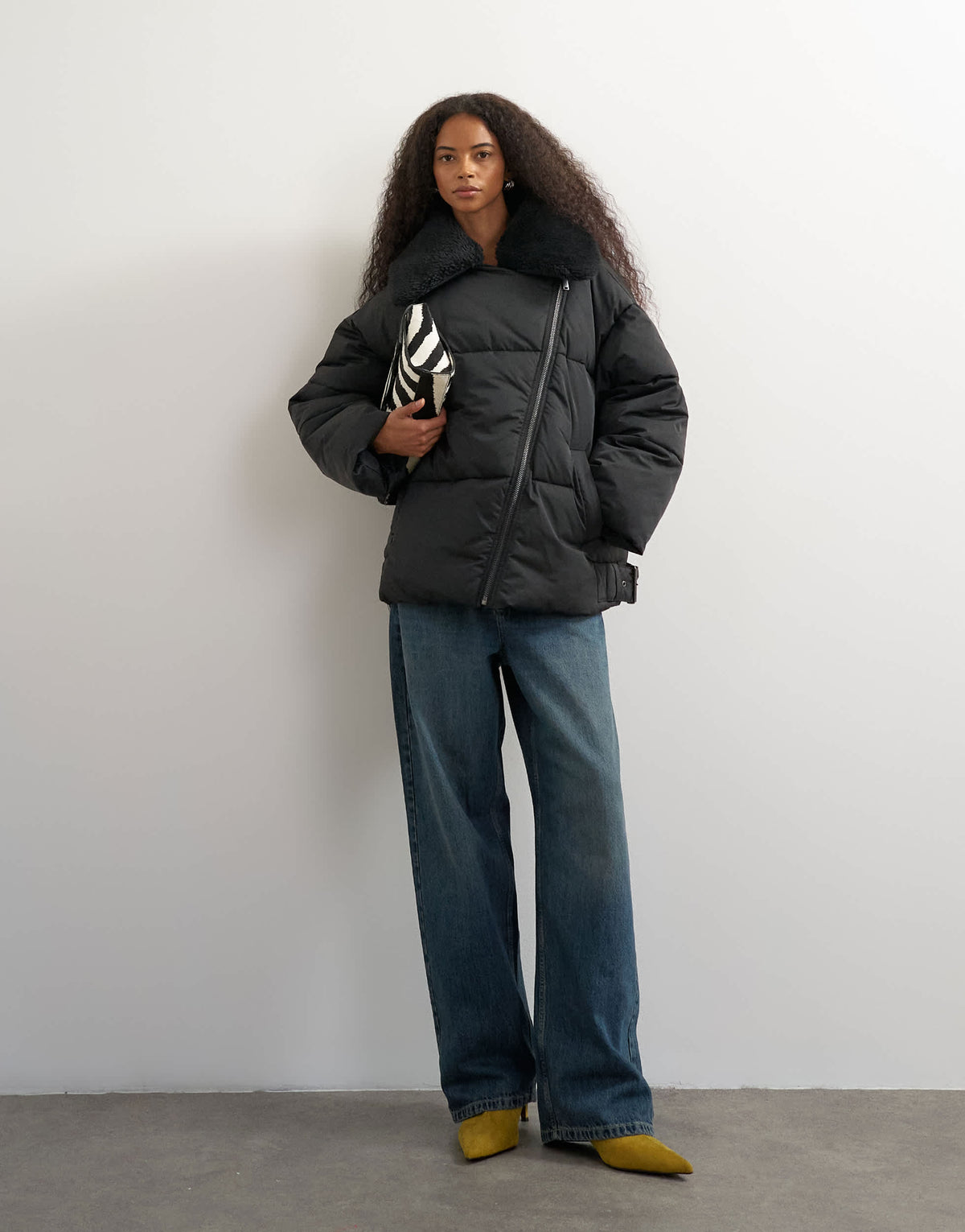 Topshop biker puffer with detachable borg collar in black