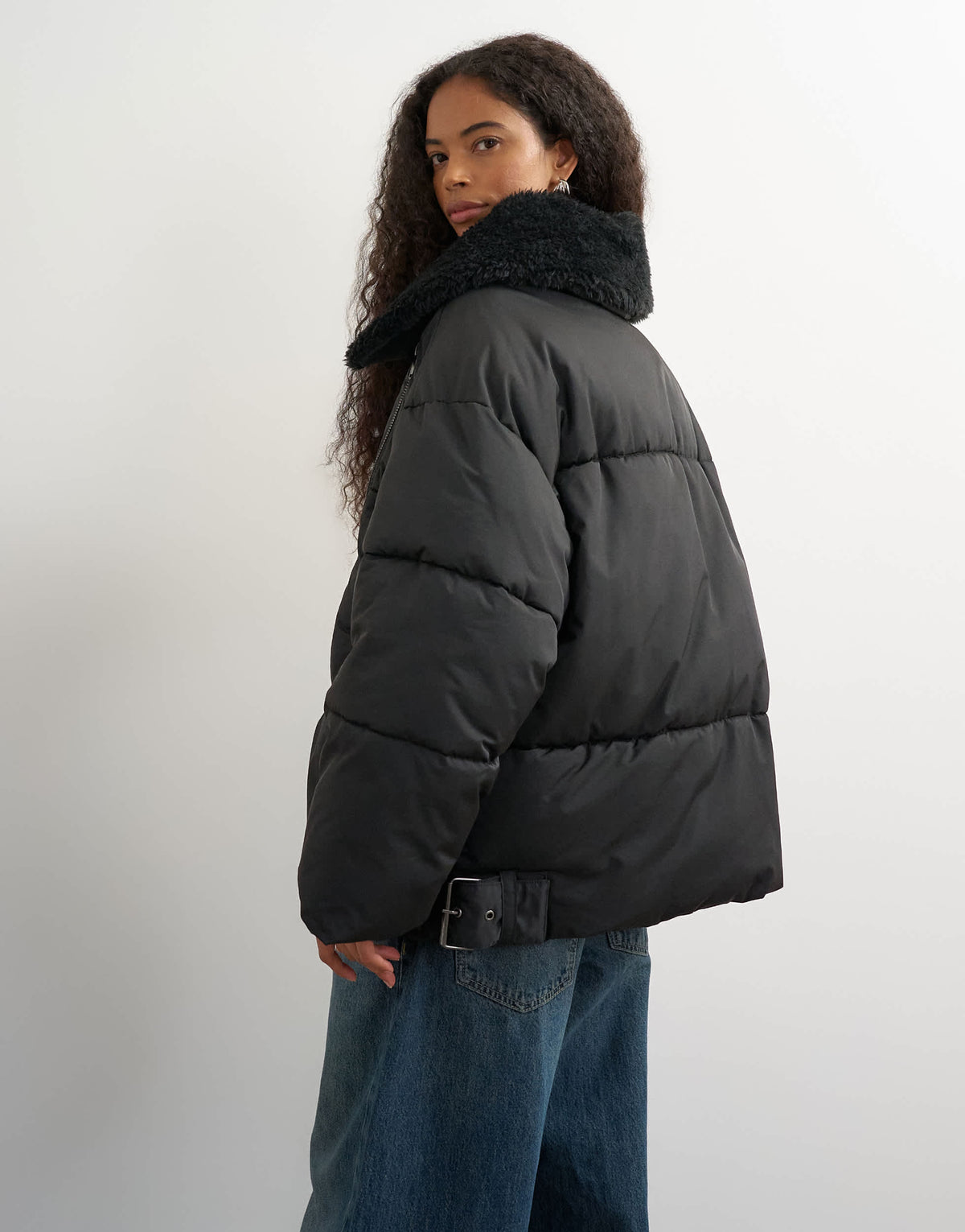 Topshop puffer with detachable borg collar in black