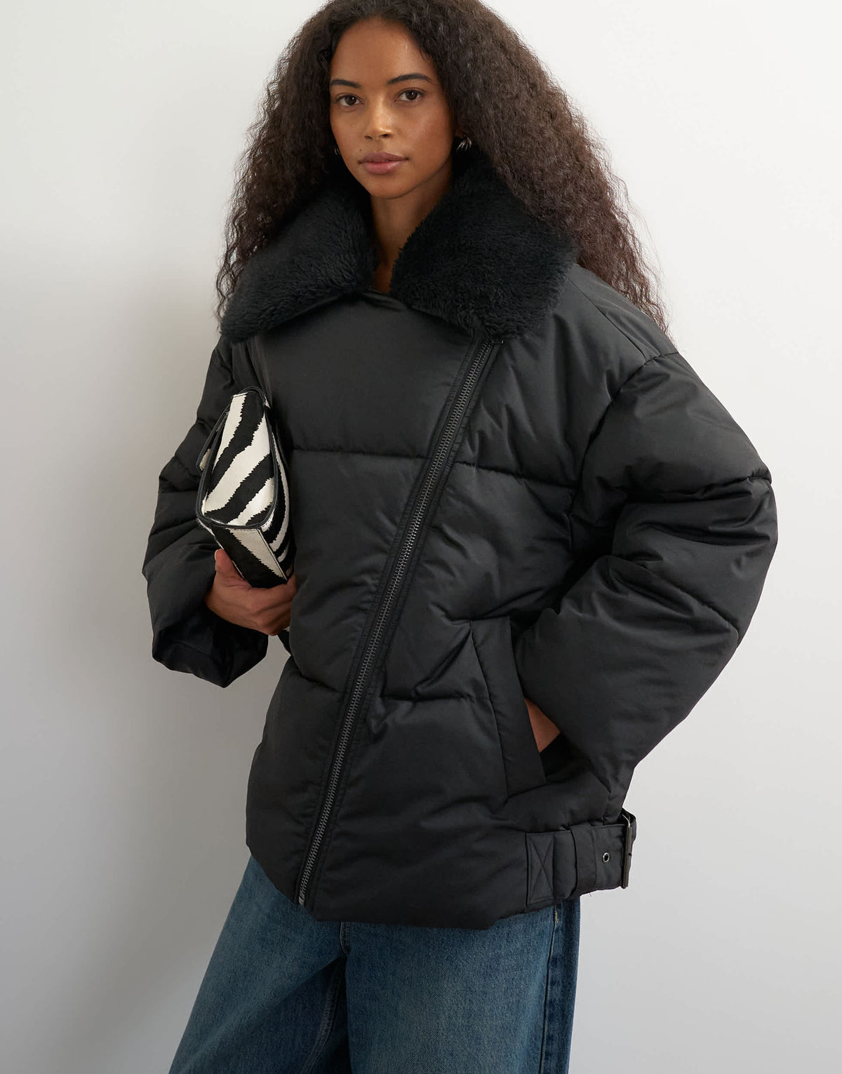 Topshop biker puffer with detachable borg collar in black