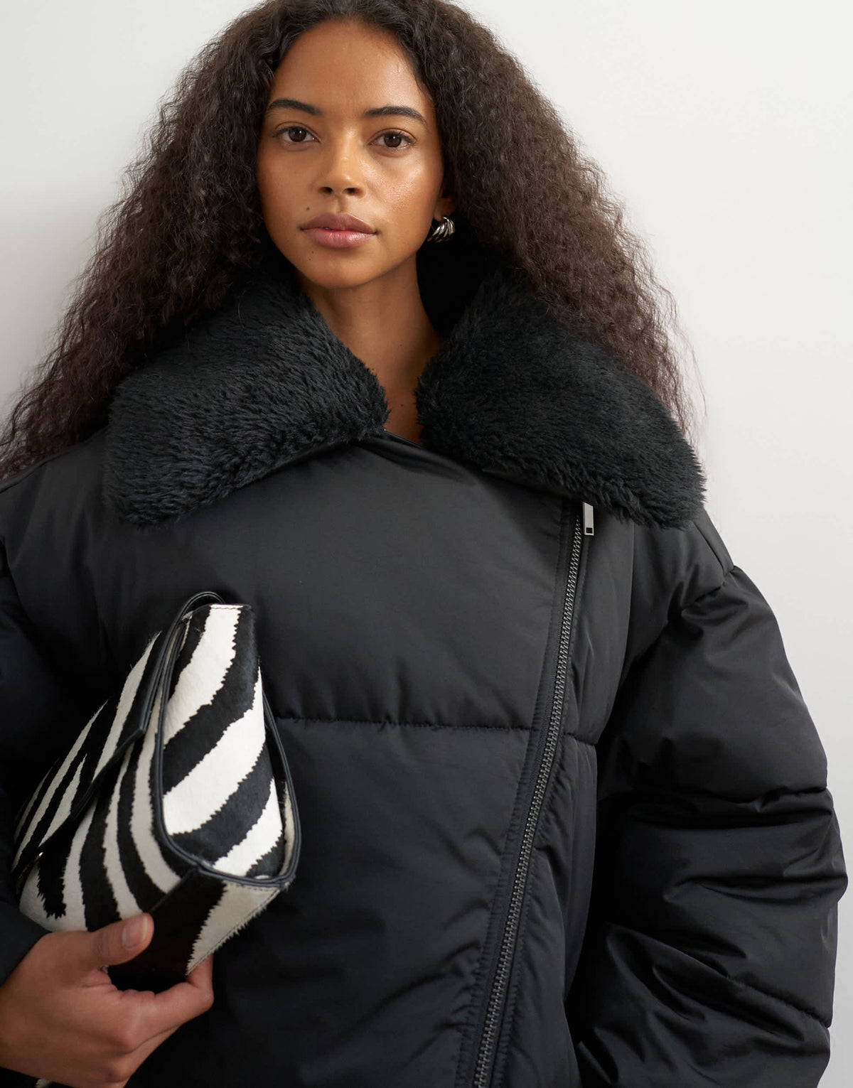 Topshop biker puffer with detachable borg collar in black
