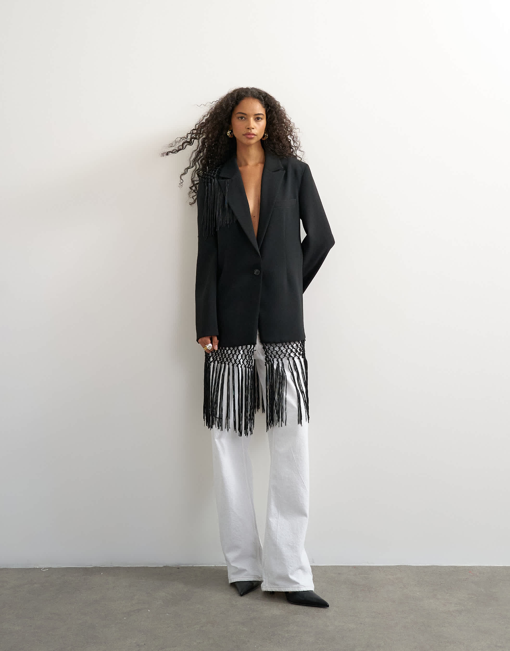 Topshop-Blazer mit Fransen-Detail in Schwarz