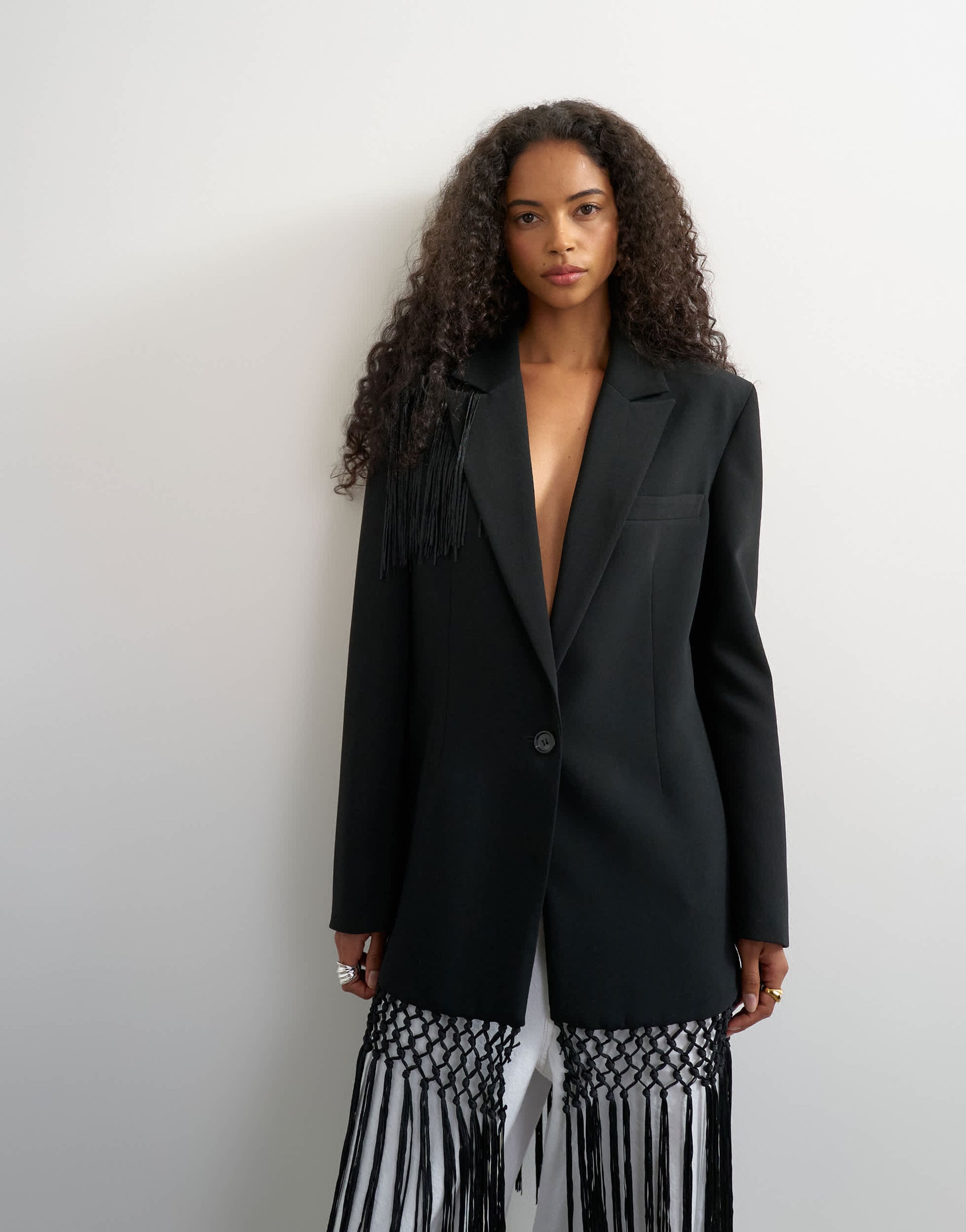 Topshop blazer with fringe detail in black