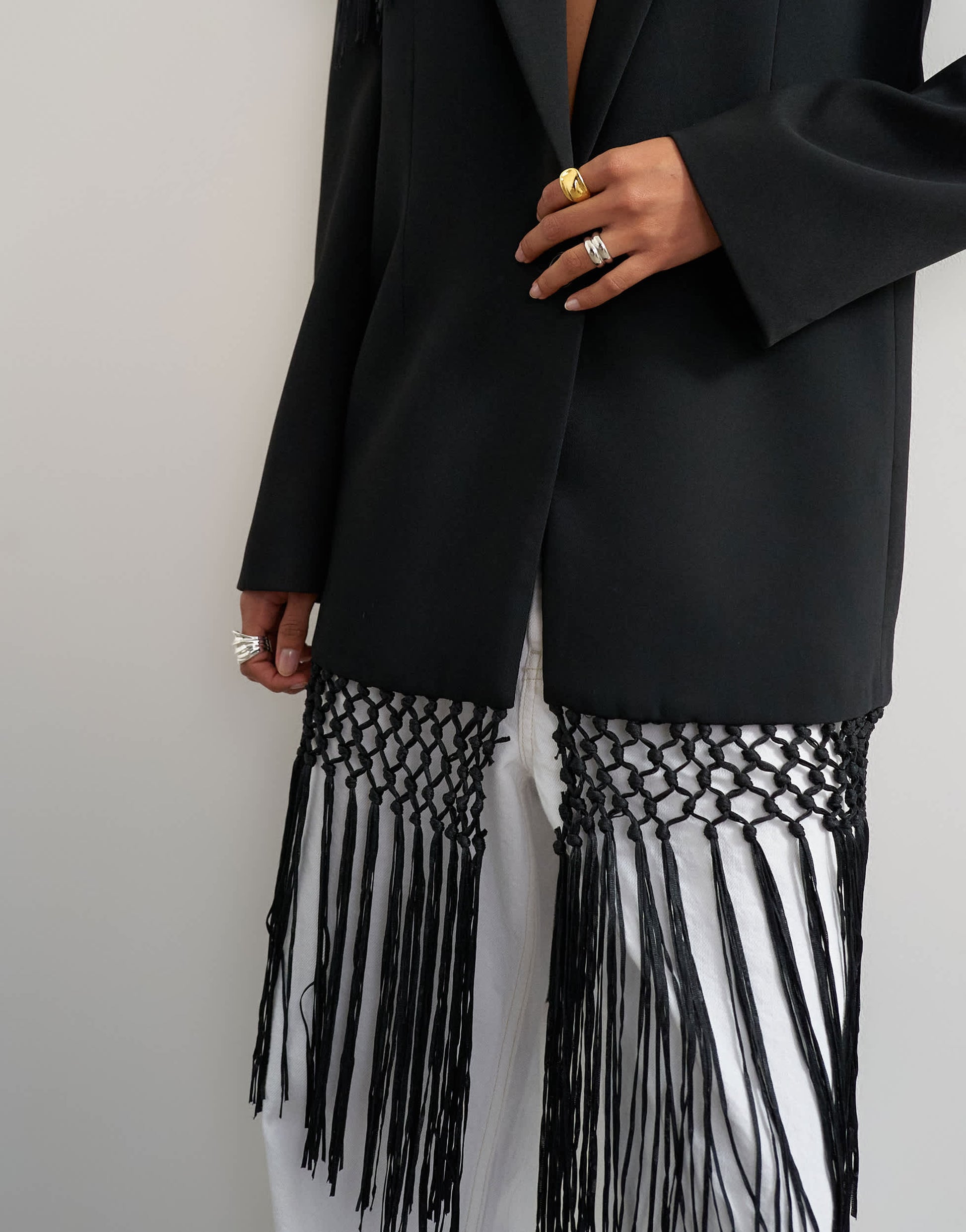 Topshop blazer with fringe detail in black