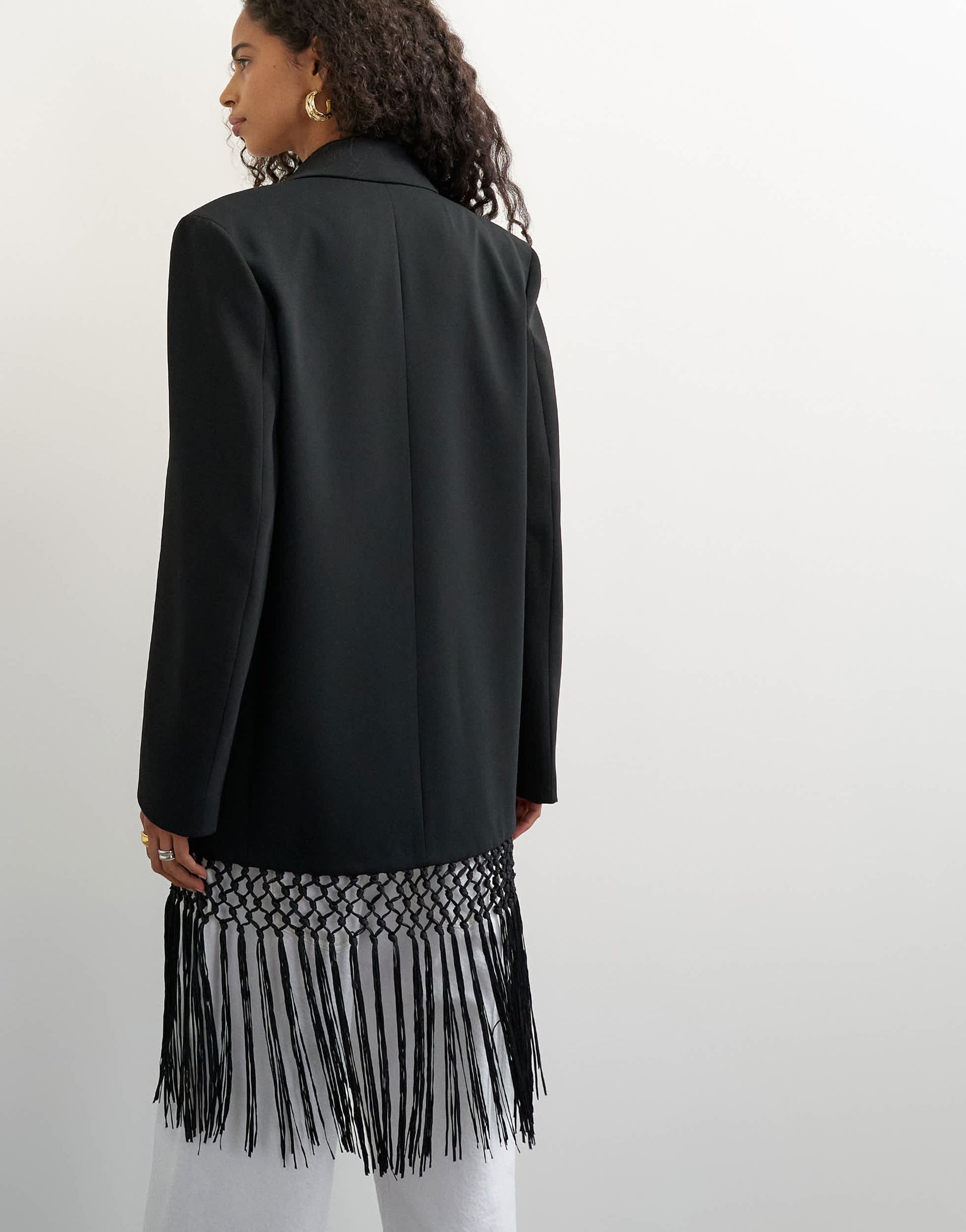 Topshop blazer with fringe detail in black