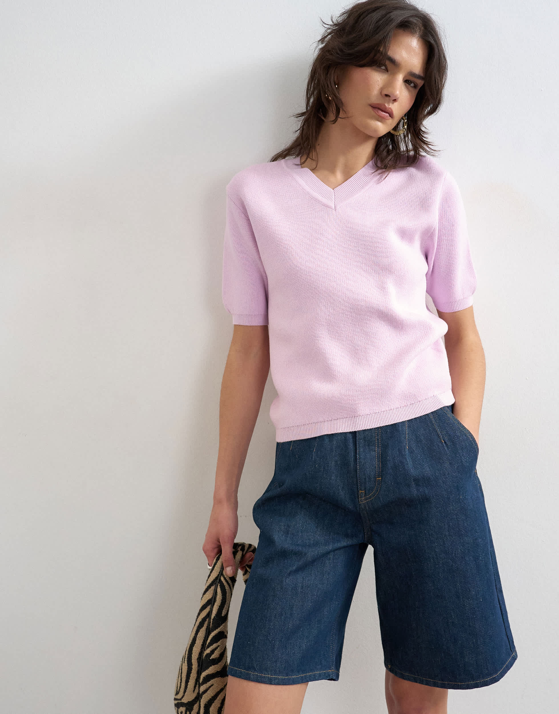 Topshop knitted high v neck top in pink