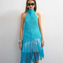 Topshop knitted halterneck longline fringing tunic in blue