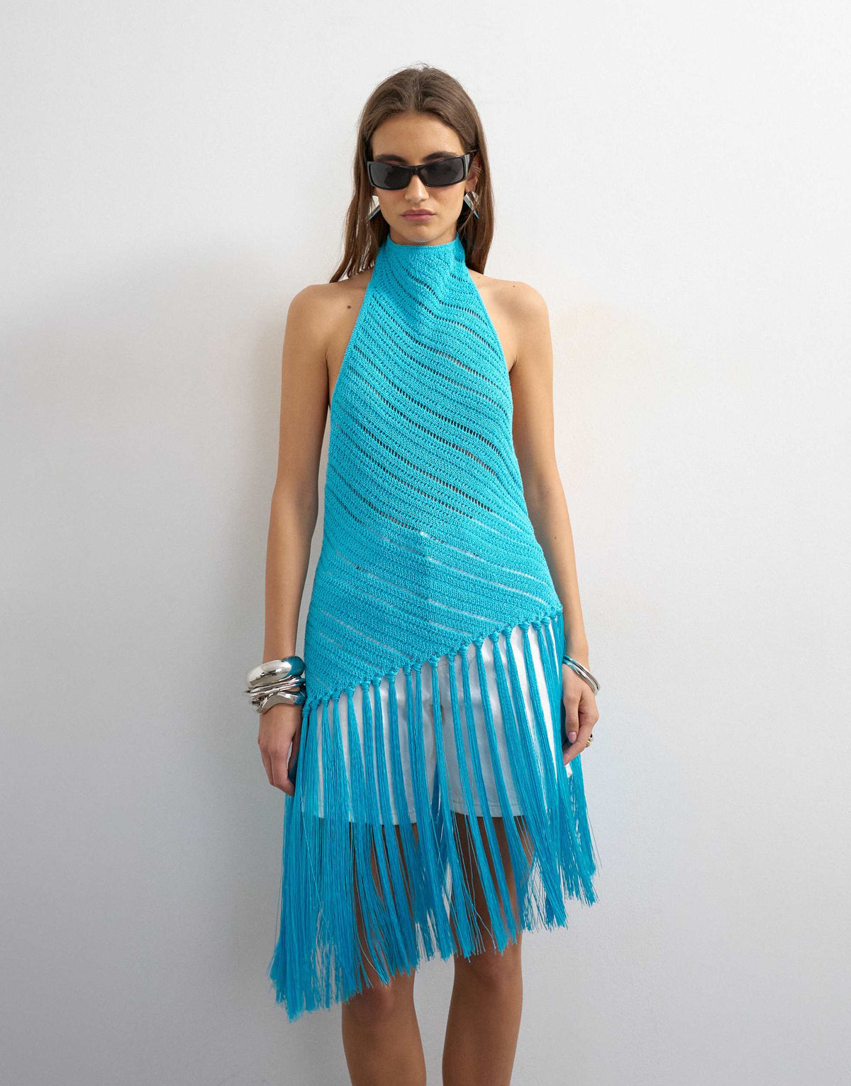 Topshop knitted halterneck longline fringing tunic in blue
