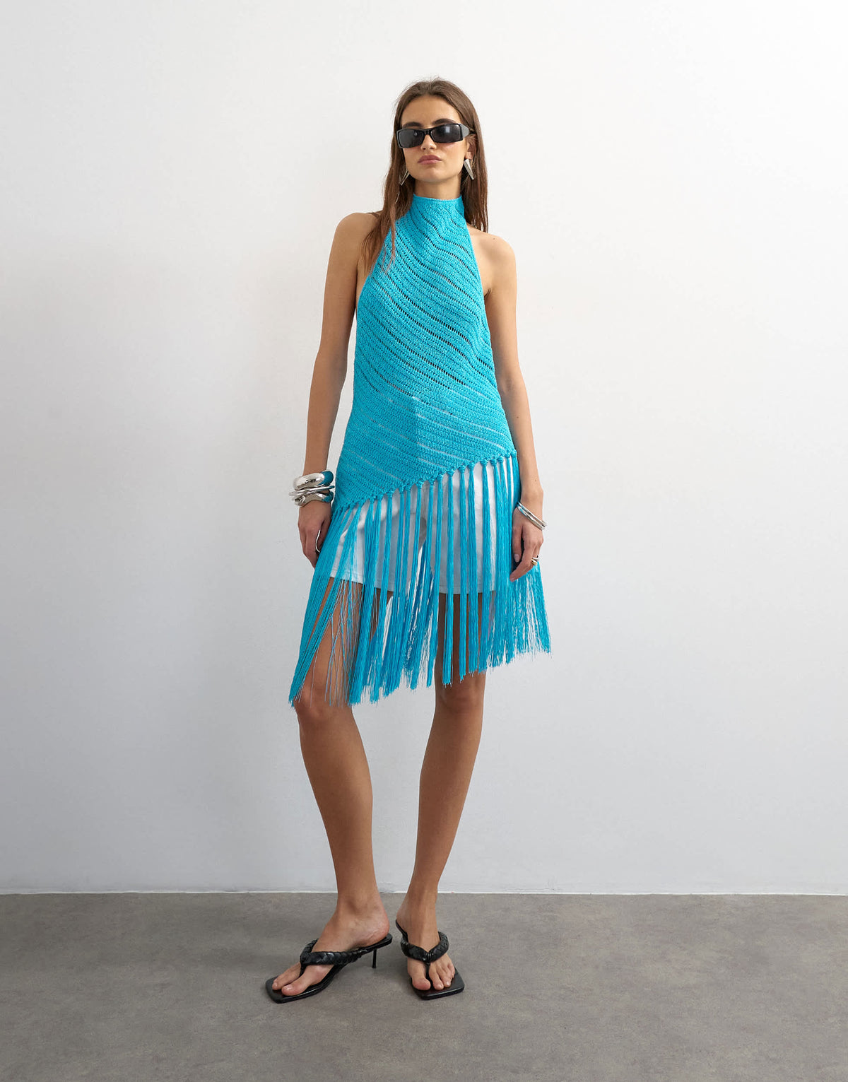 Topshop knitted halterneck longline fringing tunic in blue