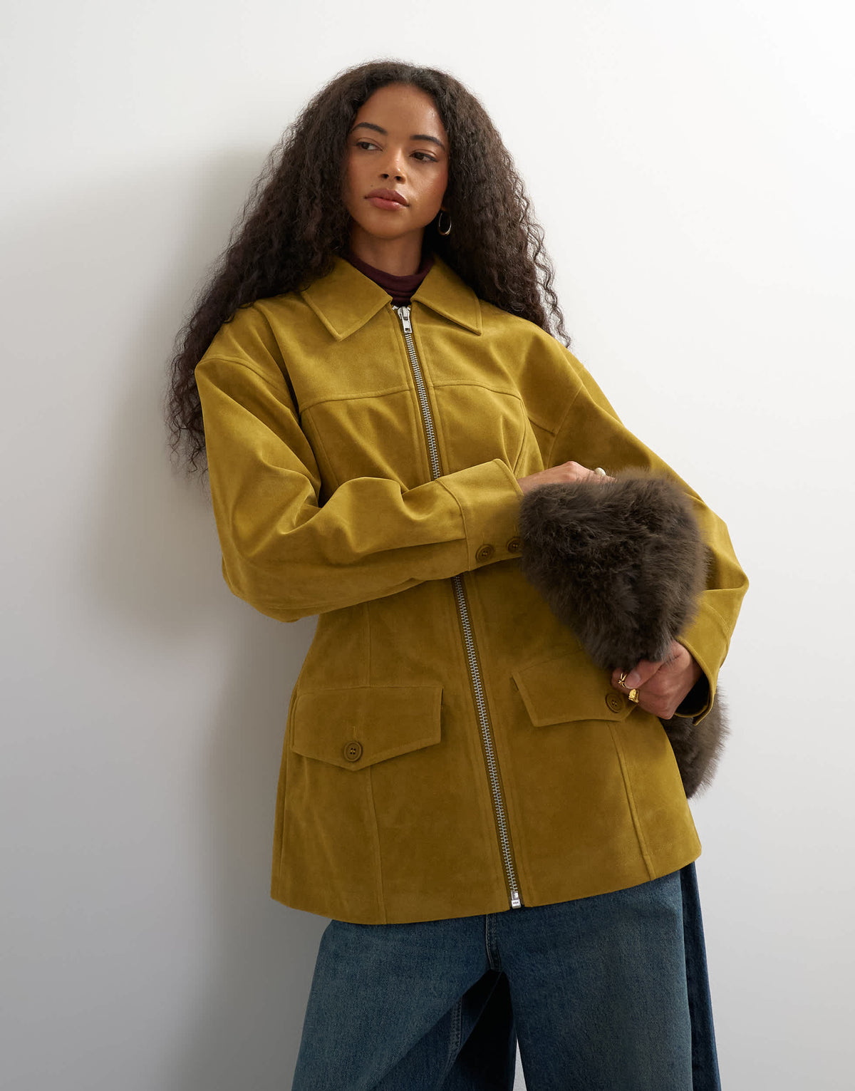 Topshop faux suede cinch waist blazer jacket in mustard