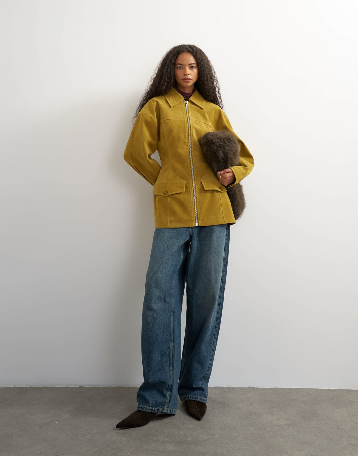 Topshop faux suede cinch waist blazer jacket in mustard