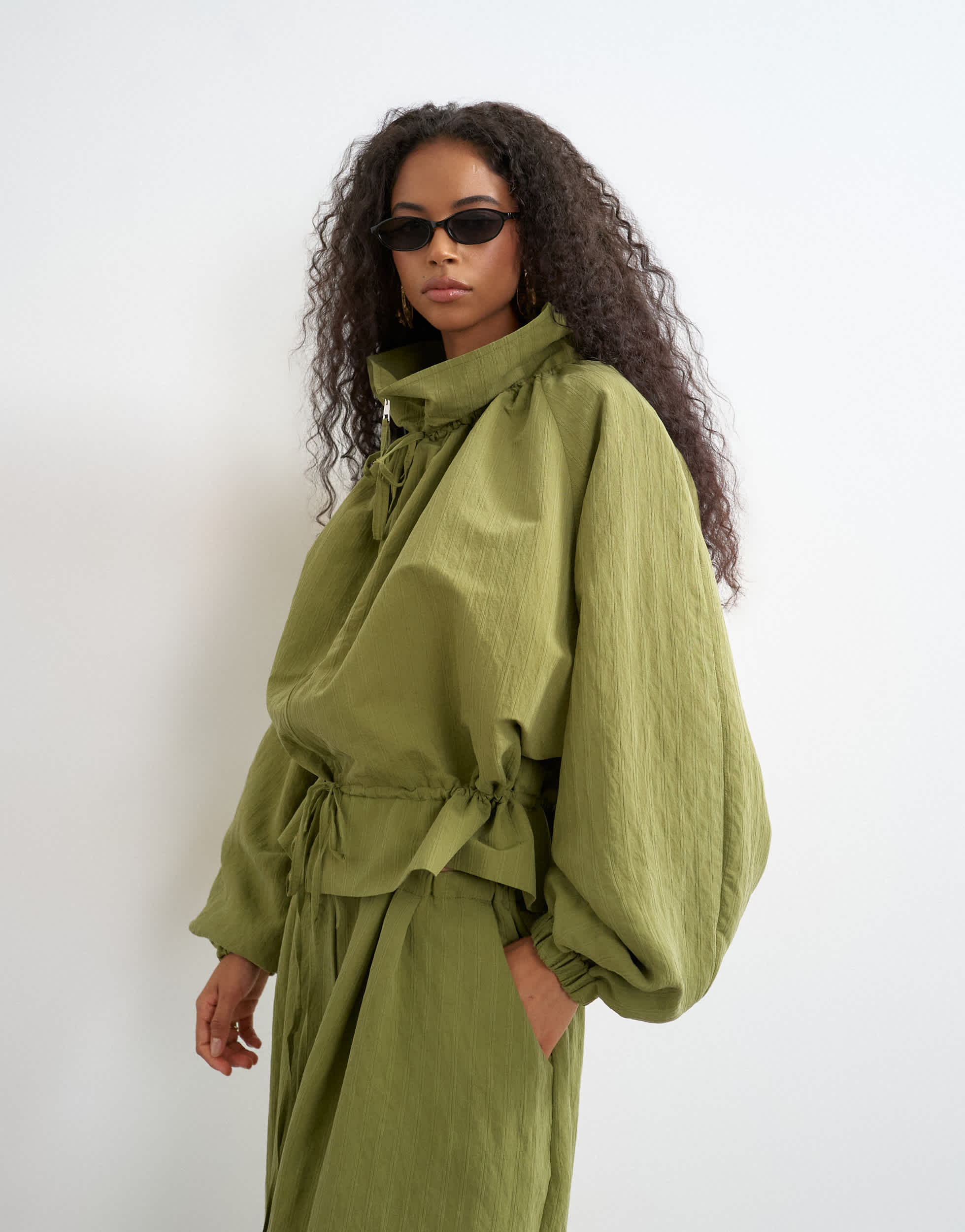 Topshop co ord funnel neck jacket with tie waist in olive