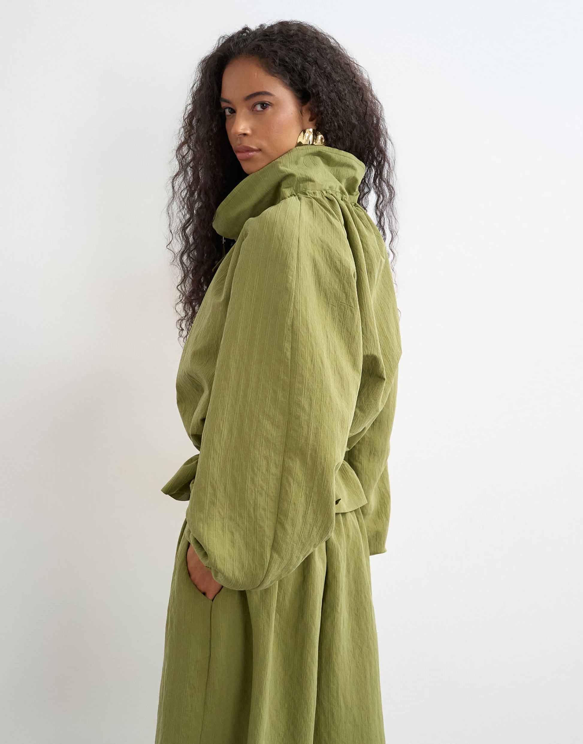 Topshop co ord funnel neck jacket with tie waist in olive