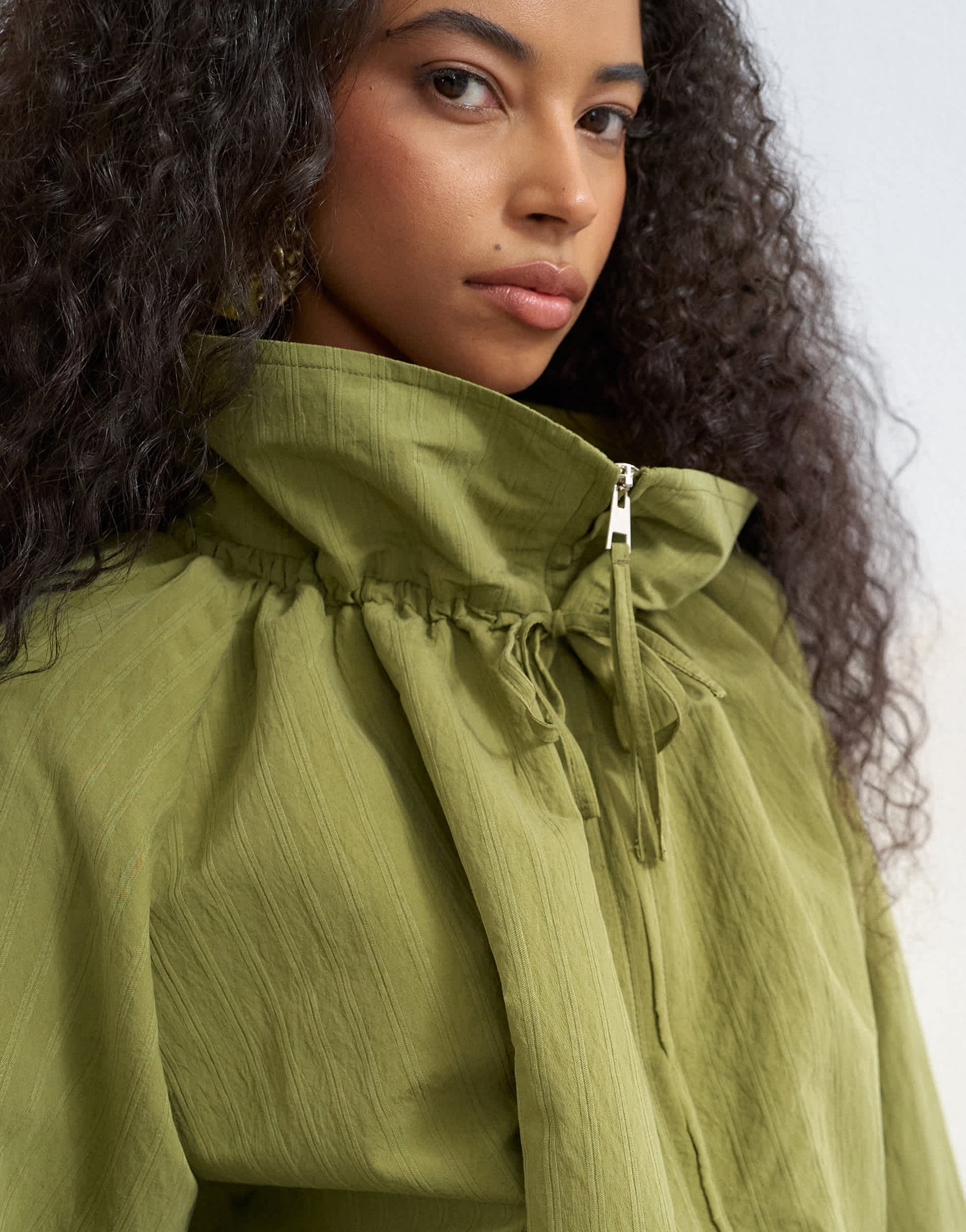 Topshop co ord funnel neck jacket with tie waist in olive