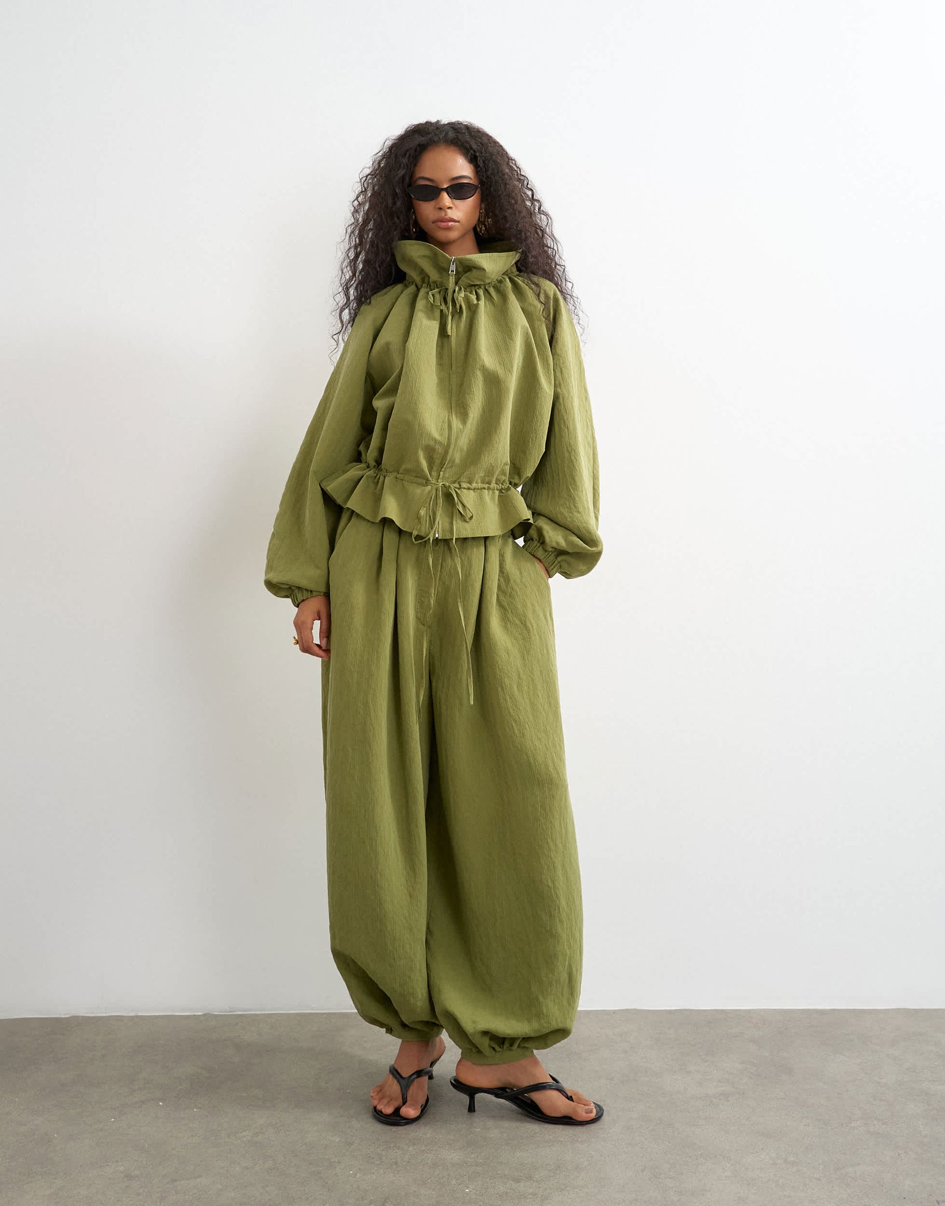 Topshop co ord funnel neck jacket with tie waist in olive