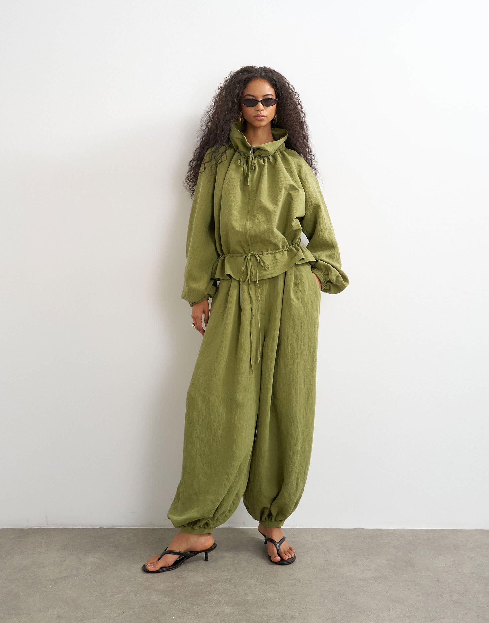 Topshop co ord balloon trouser with tie waist in olive