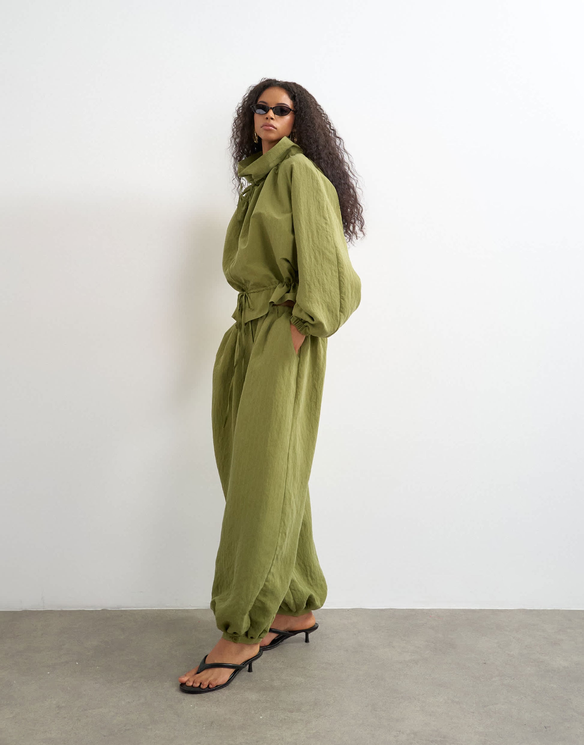Topshop co ord balloon trouser with tie waist in olive