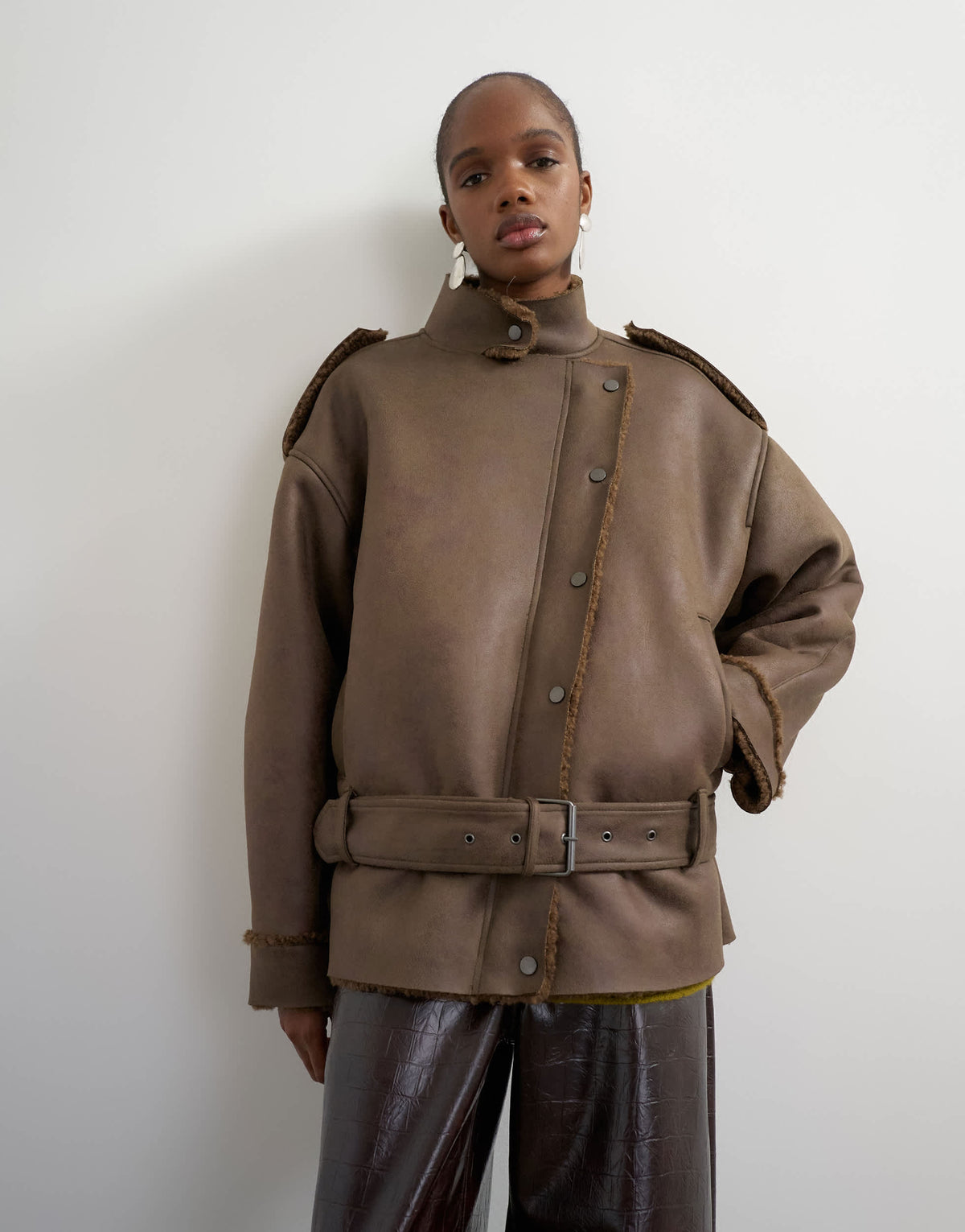 Topshop shearling biker jacket in khaki