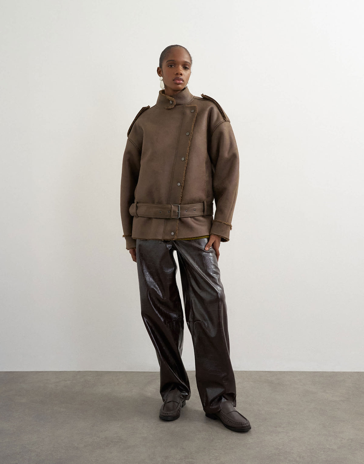 Topshop shearling biker jacket in khaki