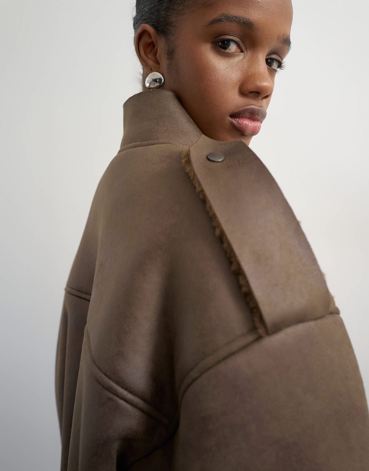 Topshop shearling biker jacket in khaki