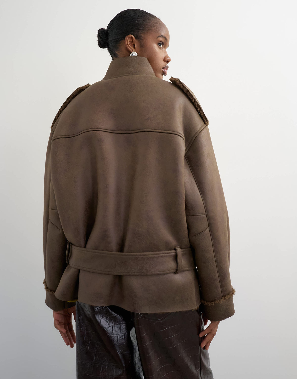 Topshop shearling biker jacket in khaki