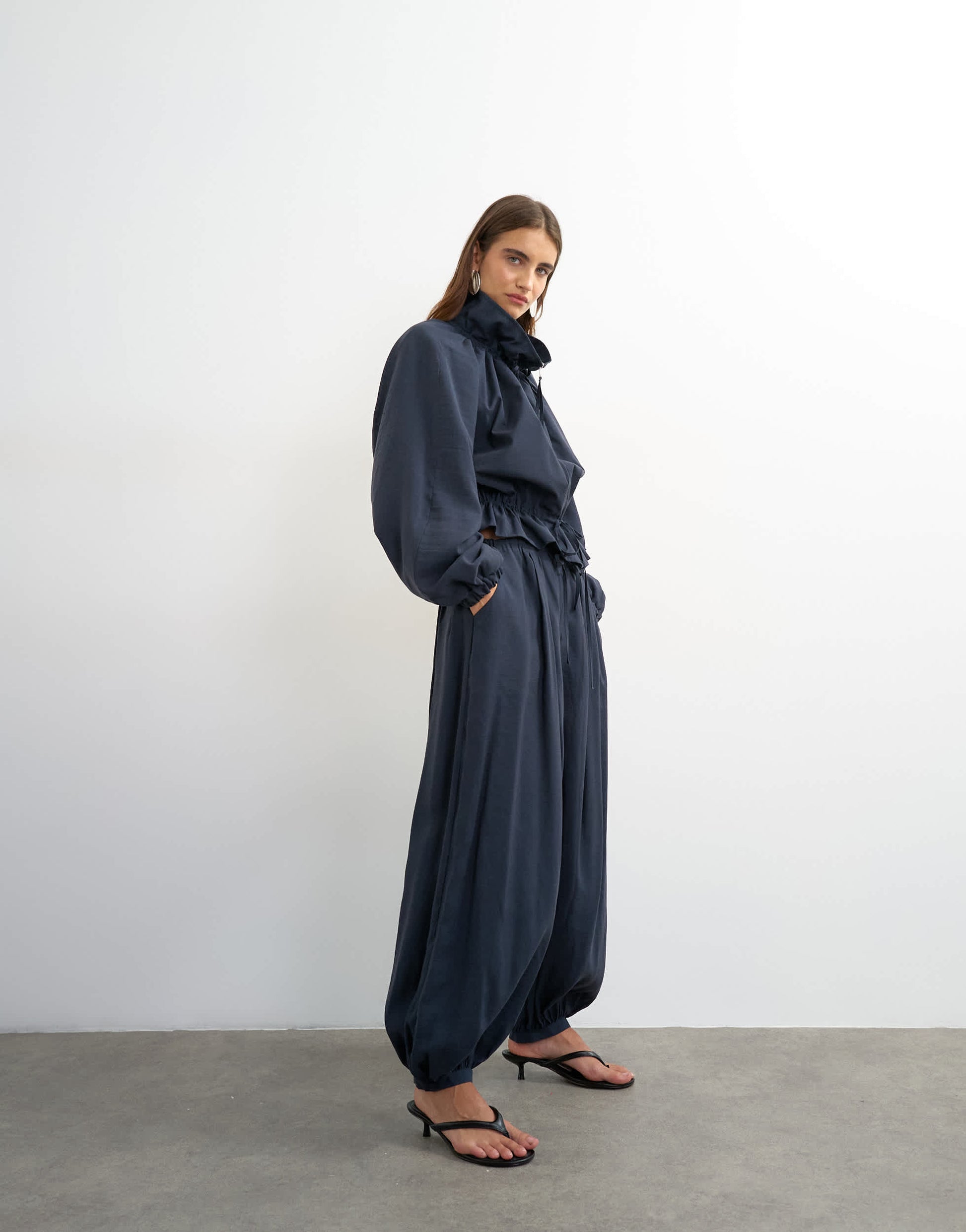 Topshop co ord balloon trouser with tie waist in navy