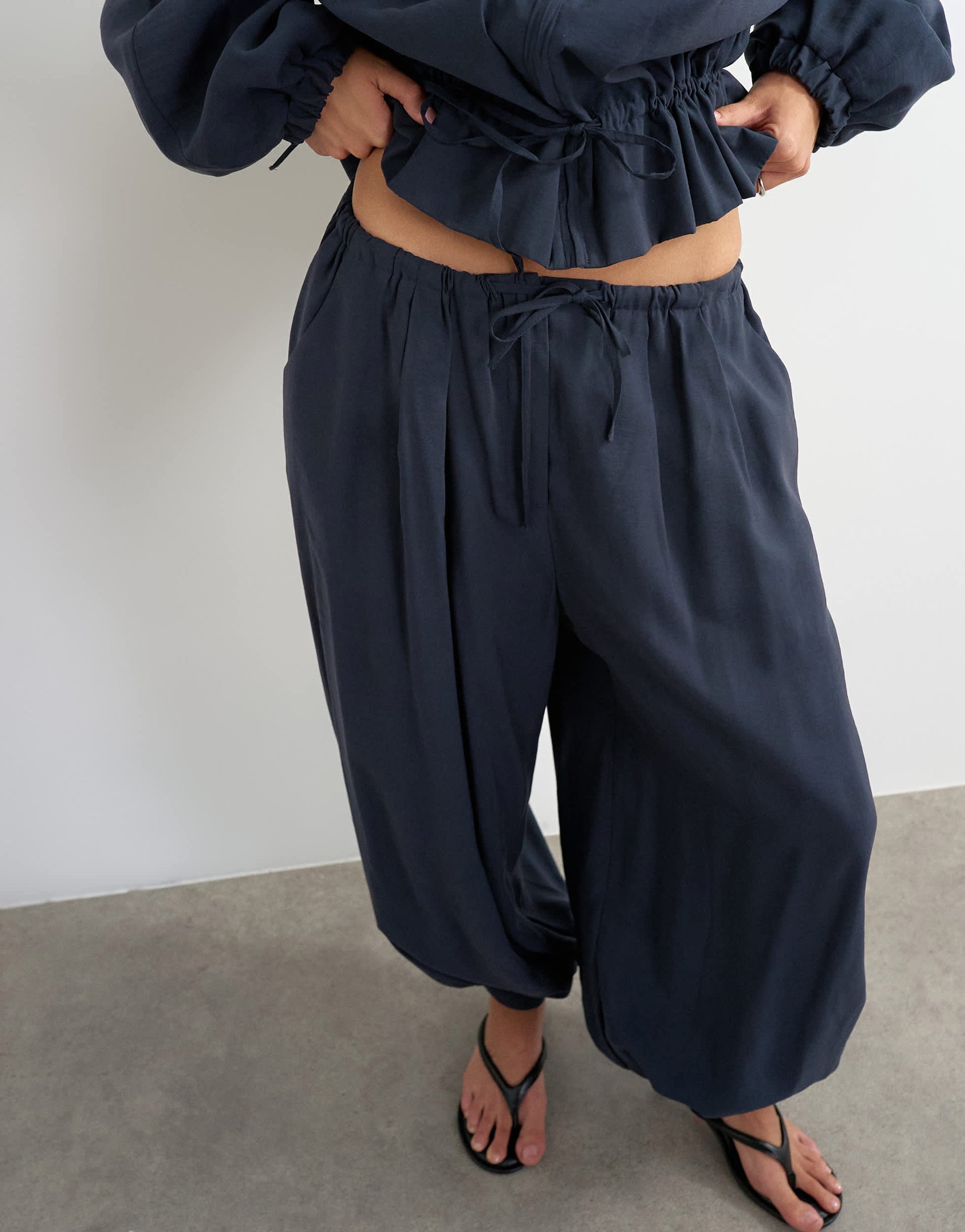 Topshop co ord balloon trouser with tie waist in navy