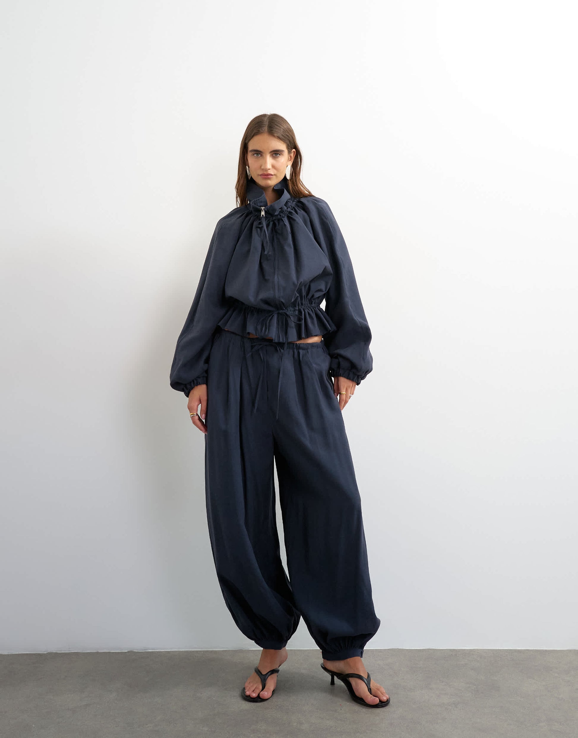 Topshop co ord balloon trouser with tie waist in navy