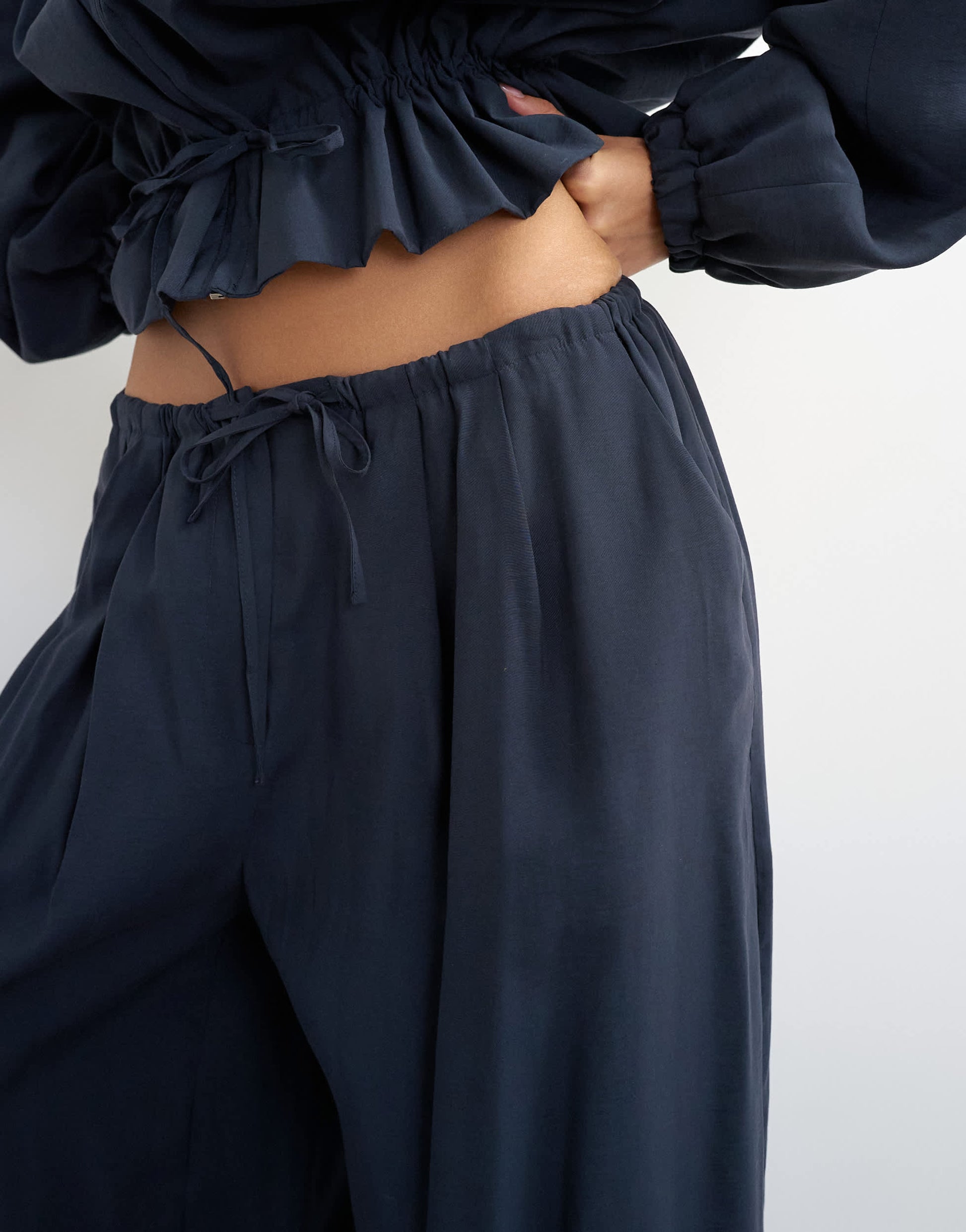 Topshop co ord balloon trouser with tie waist in navy