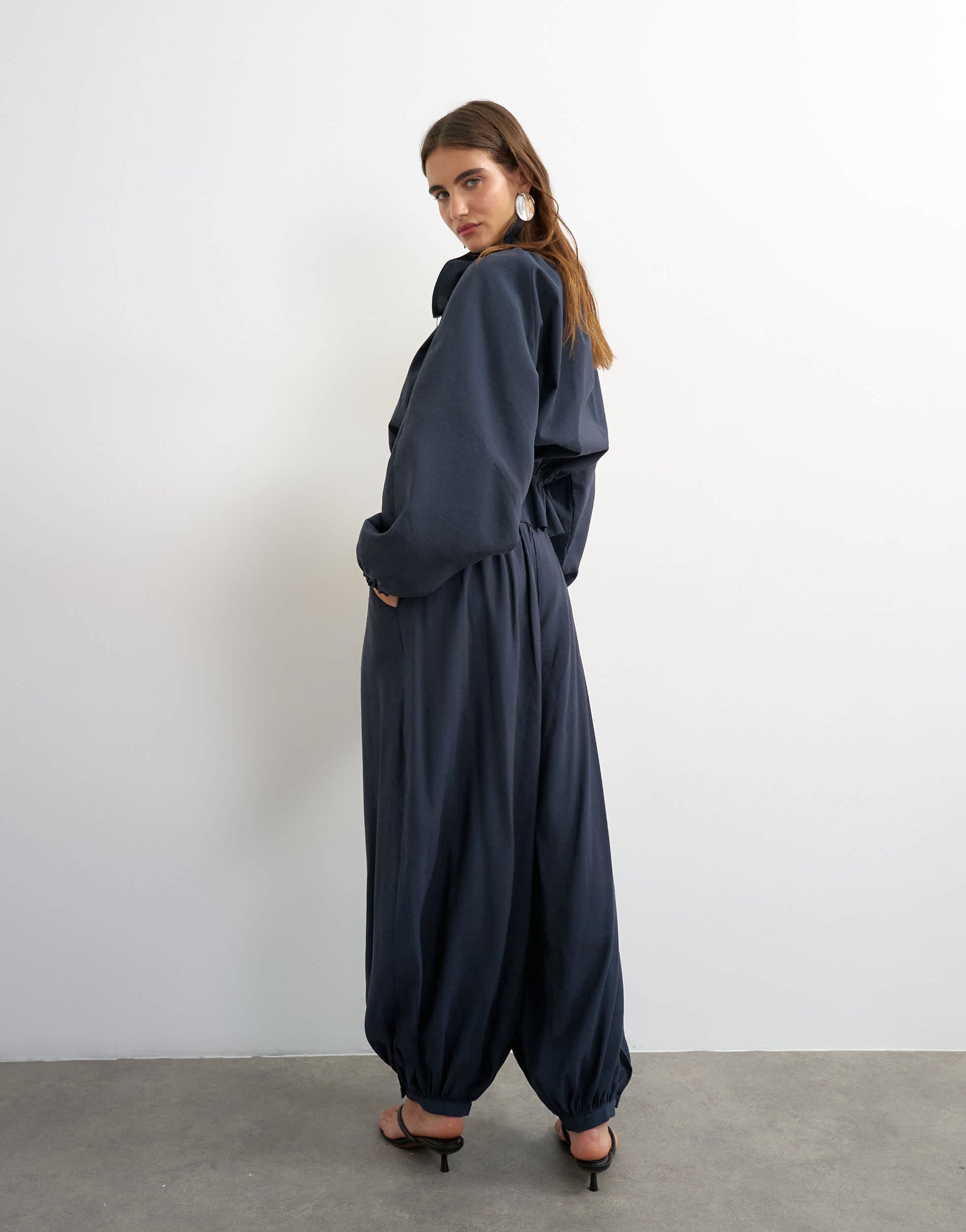 Topshop co ord balloon trouser with tie waist in navy