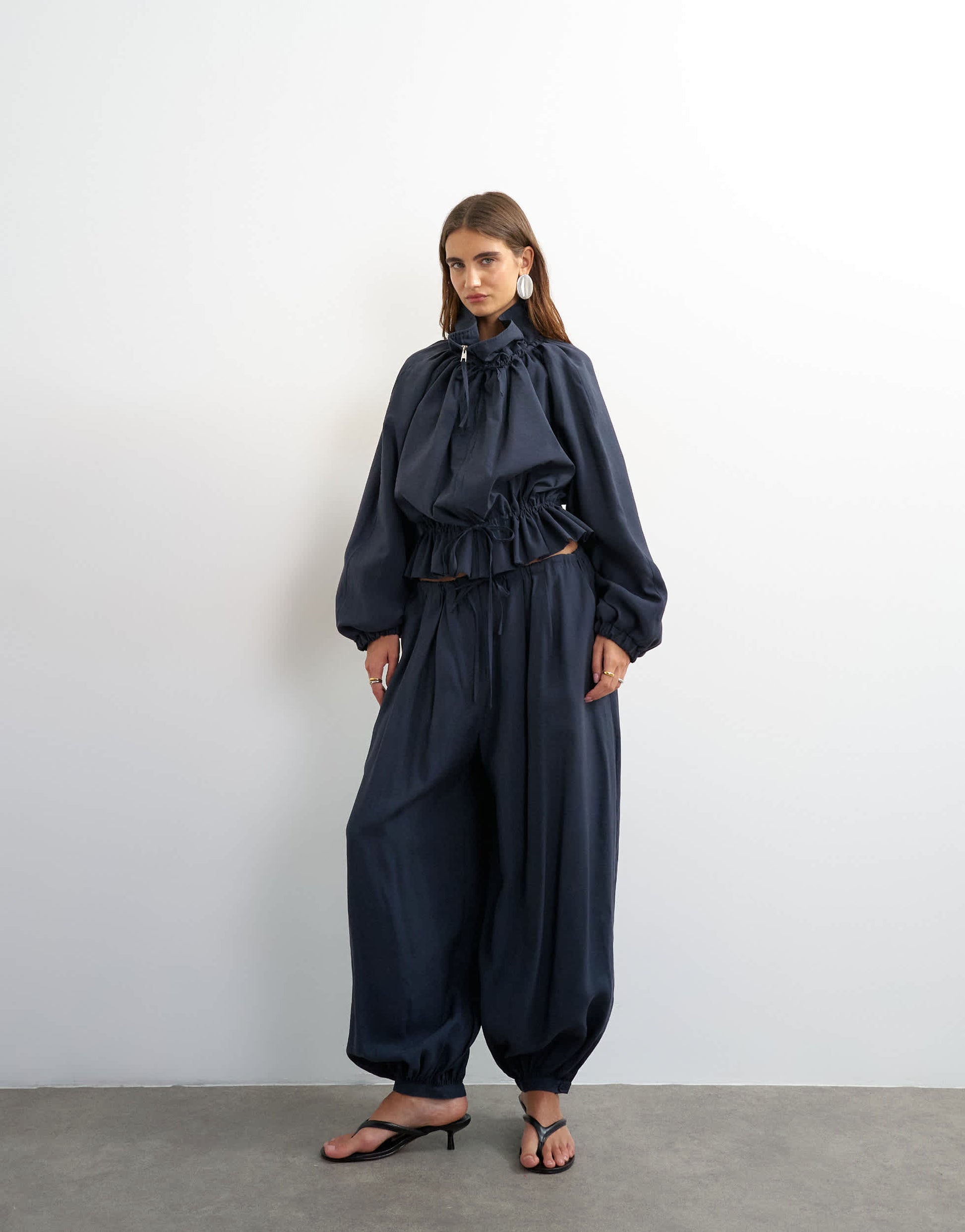 Topshop co ord funnel neck jacket with tie waist in navy