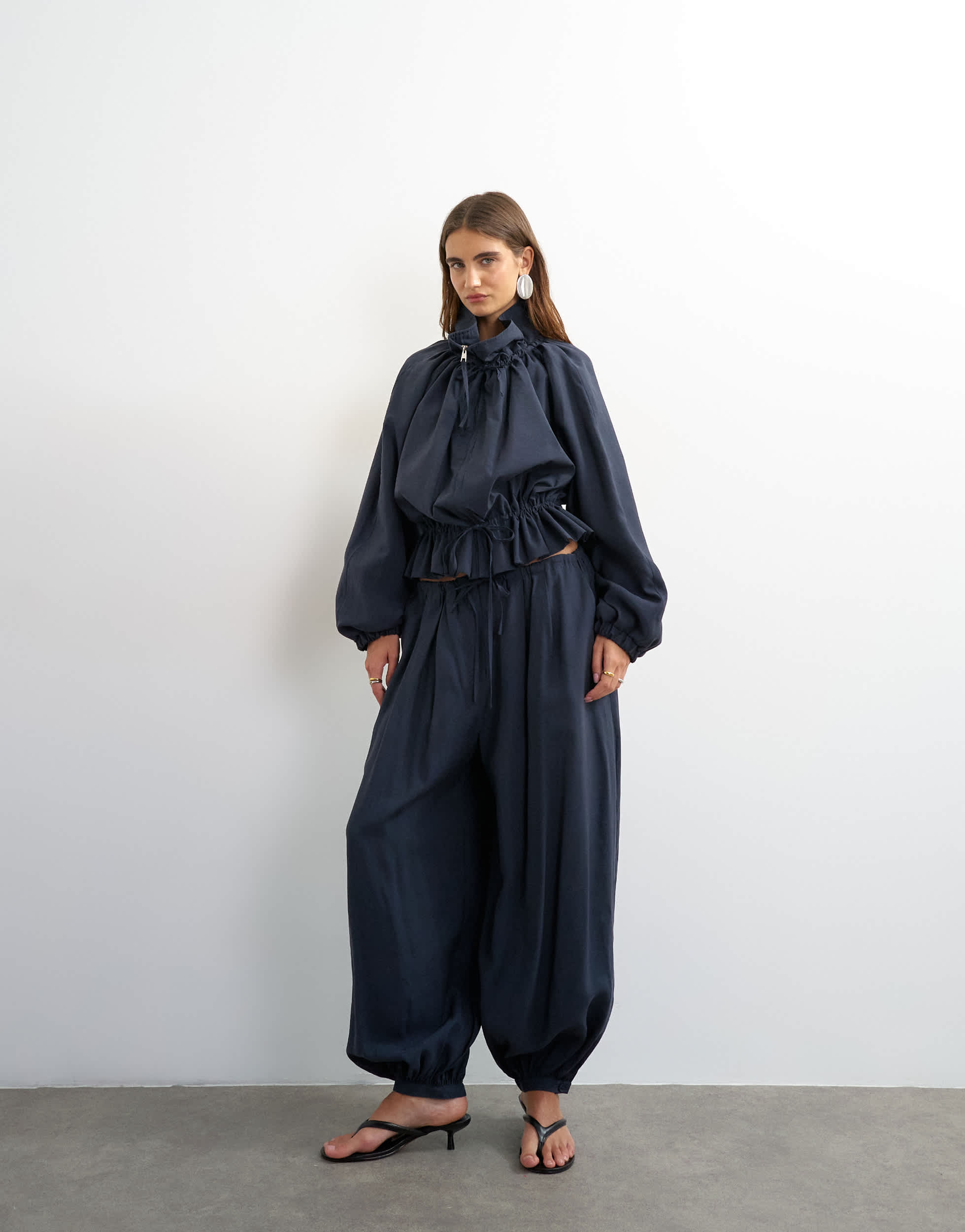 Topshop co ord funnel neck jacket with tie waist in navy