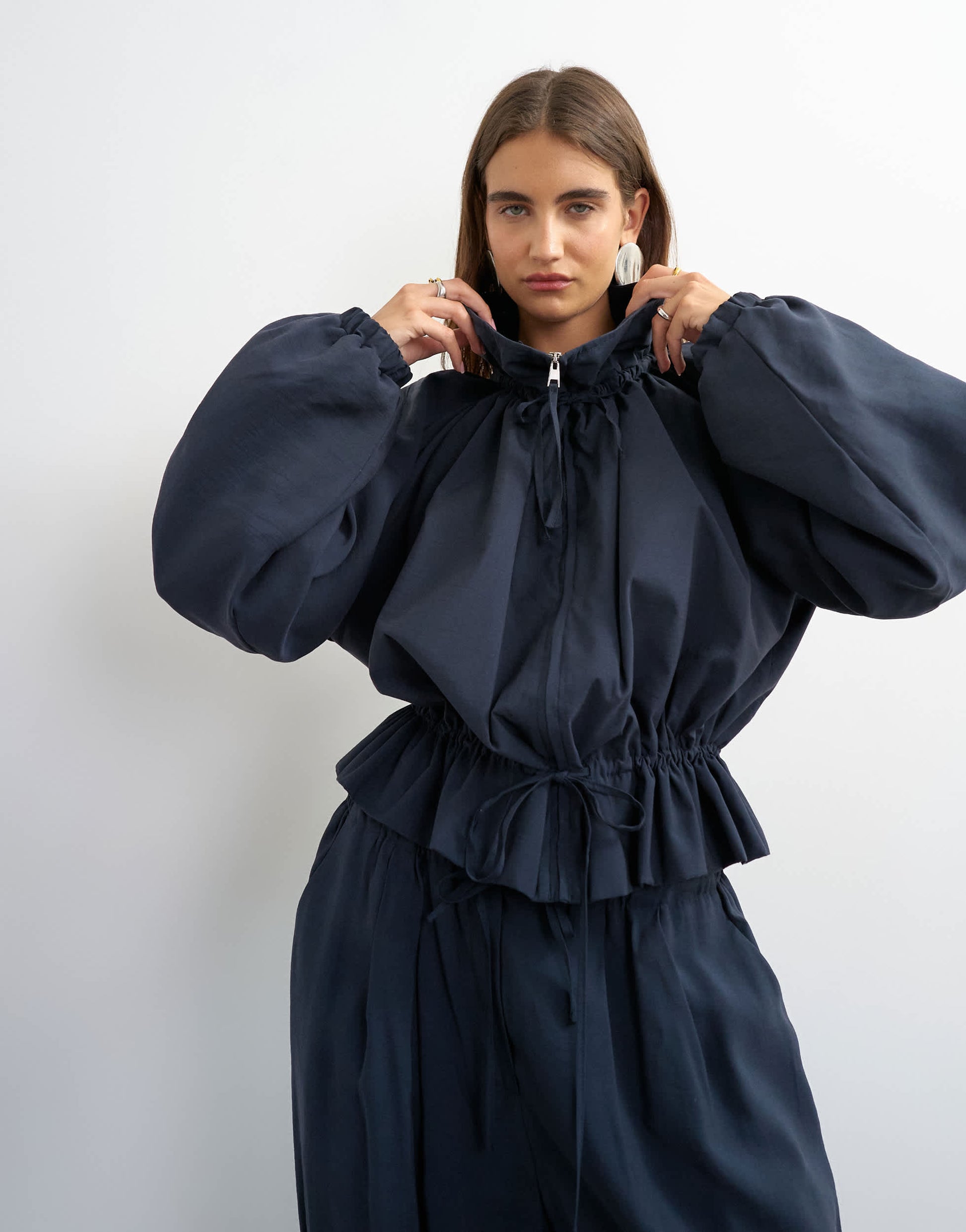 Topshop co ord funnel neck jacket with tie waist in navy