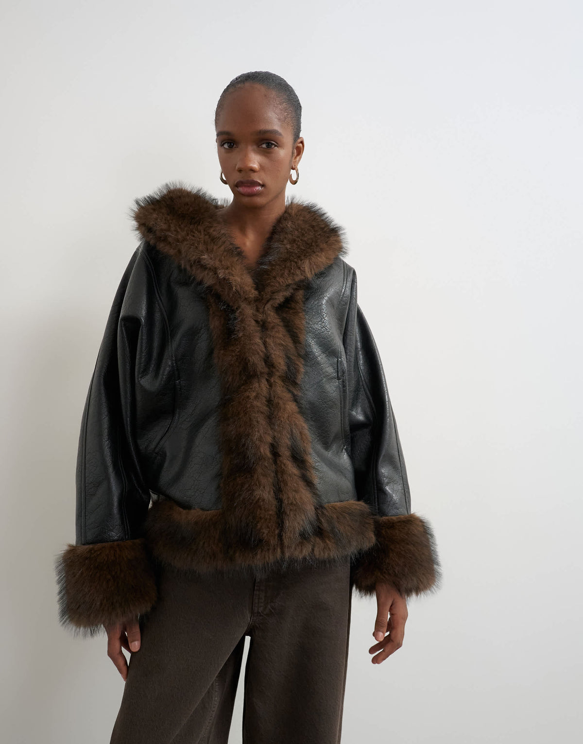 Topshop faux leather fur trim jacket in black